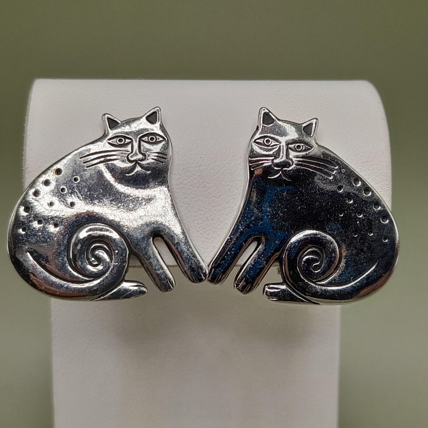 Vintage Laurel Burch Keshire Cat Clip Earrings, Rhodium Plated