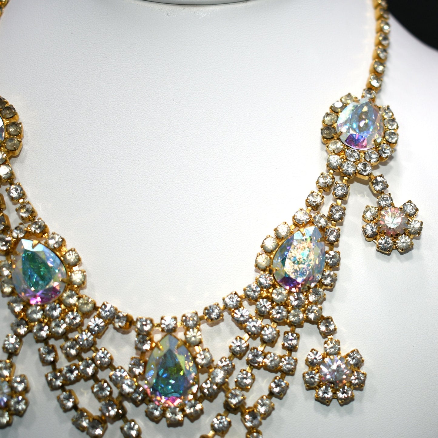 Aurora Borealis Rhinestone Frontal Necklace, Gold Plated, 21 Inches, 1970s Vintage Jewelry