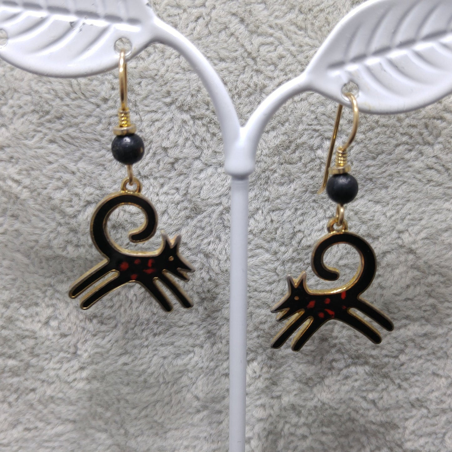 Vintage Laurel Burch Black Dog Earrings, Gold Plated, Cloisonne Enamel