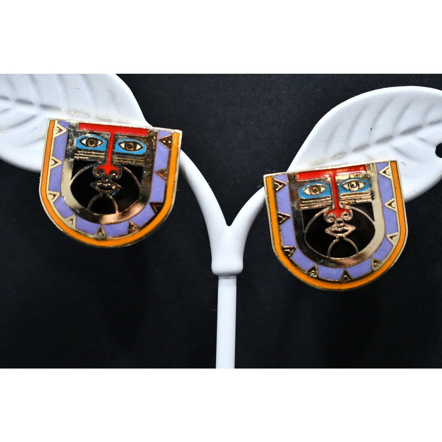 Laurel Burch "Kubera" Mask Tribal Post Earrings, Cloisonne Enamel, 1980s