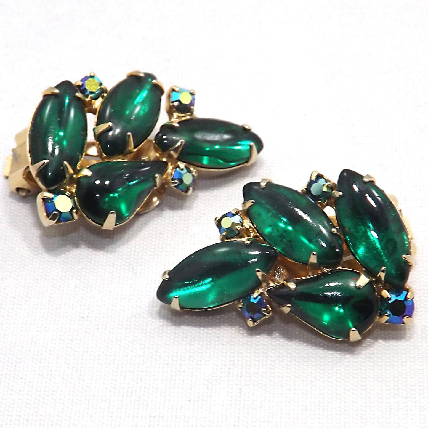 Vintage WEISS Green Clip Earrings, Gold Plated Green AB Rhinestones, 1960s