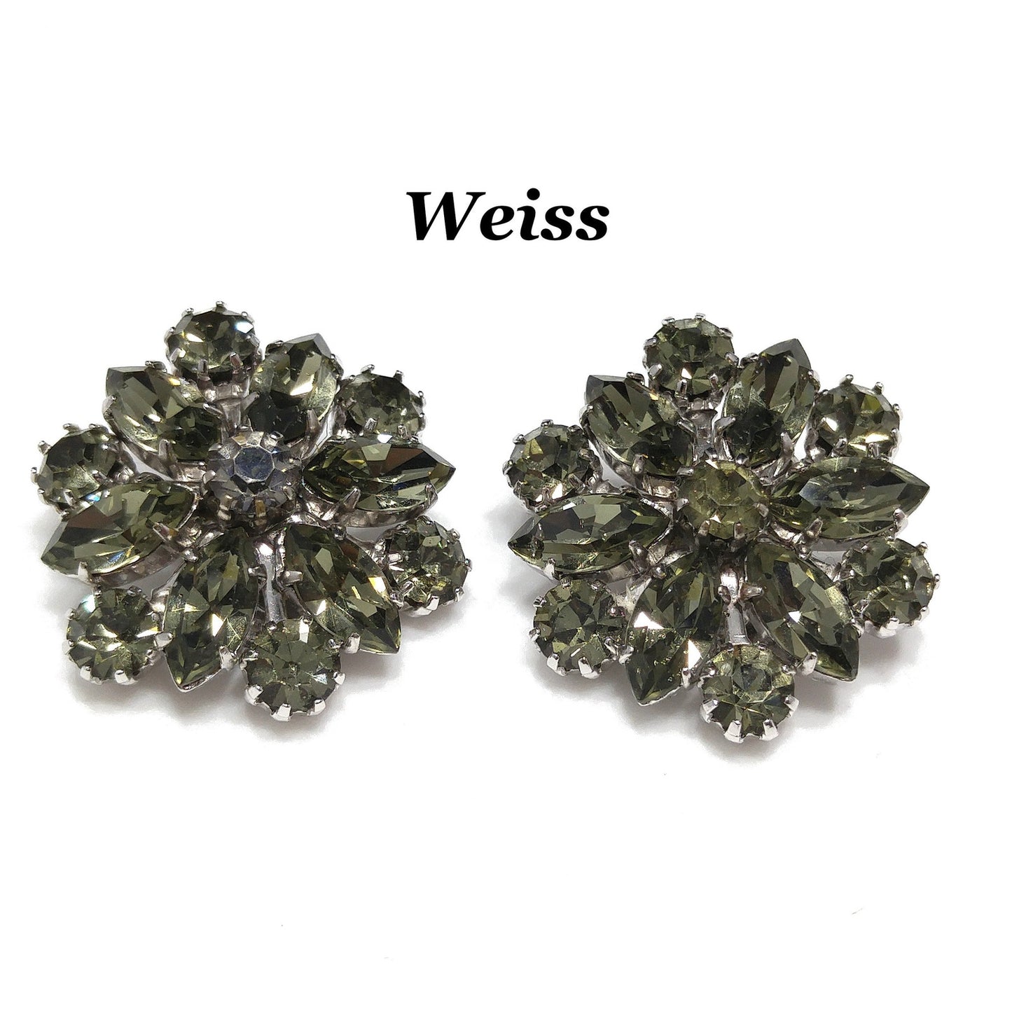 Weiss Dark Green Rhinestone Earrings, Silver Tone, Gold Plated, 1960 Vintage Jewelry