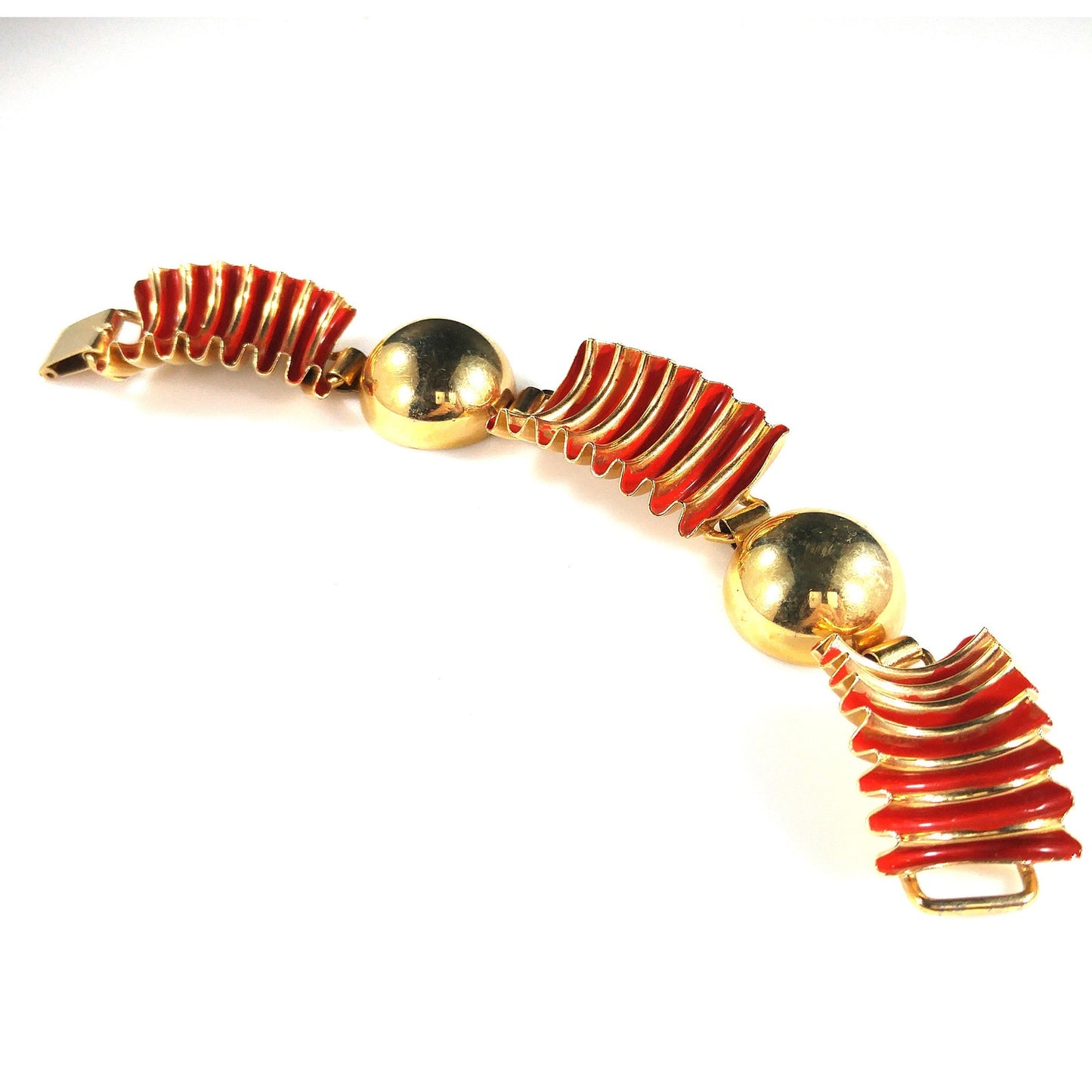 Red Enamel Ribbon Bracelet, Mid Century Modern, Gold Plated, 1950s Vintage Jewelry