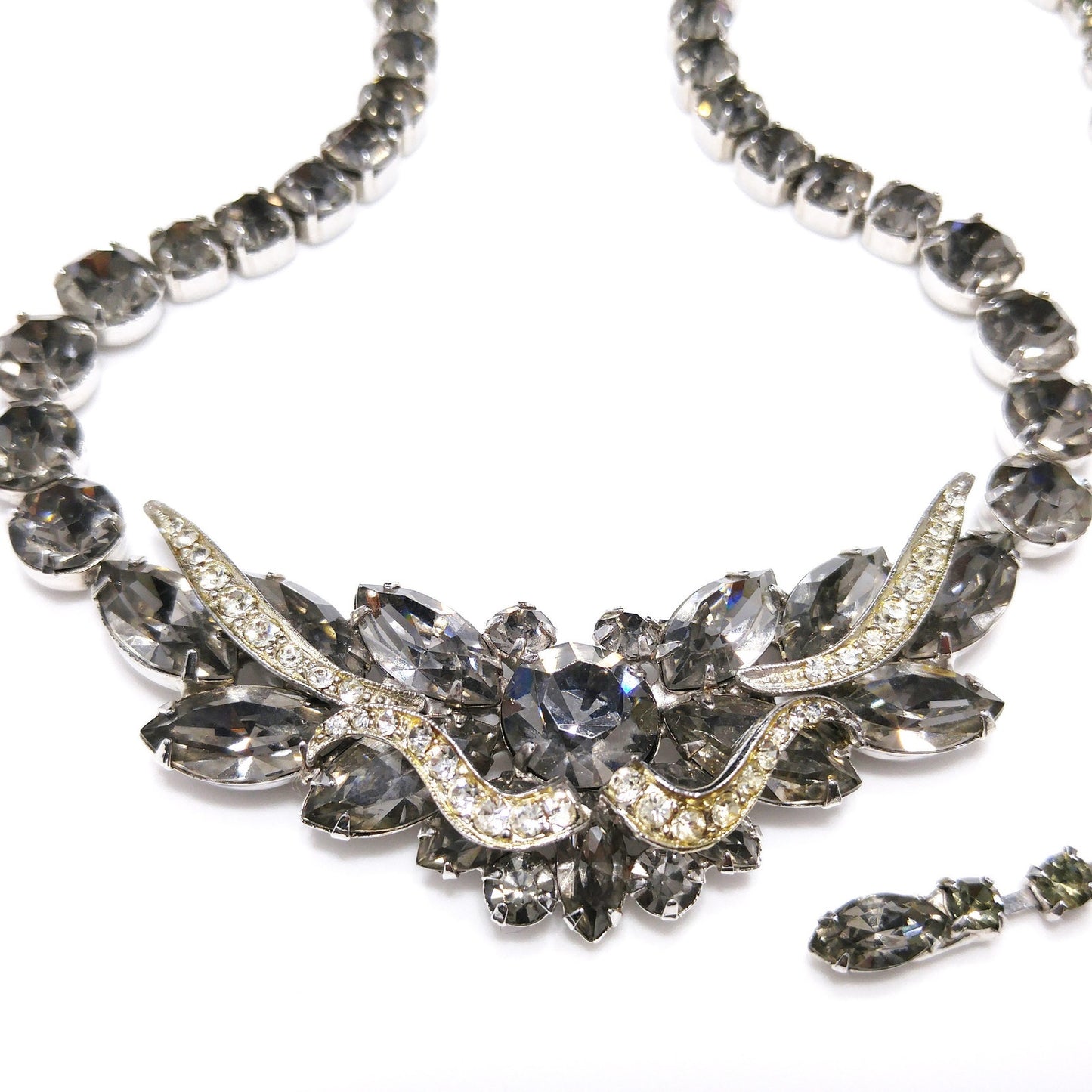 Vintage Weiss Black Diamond Rhinestone Necklace, Rhodium Plated, 1960s