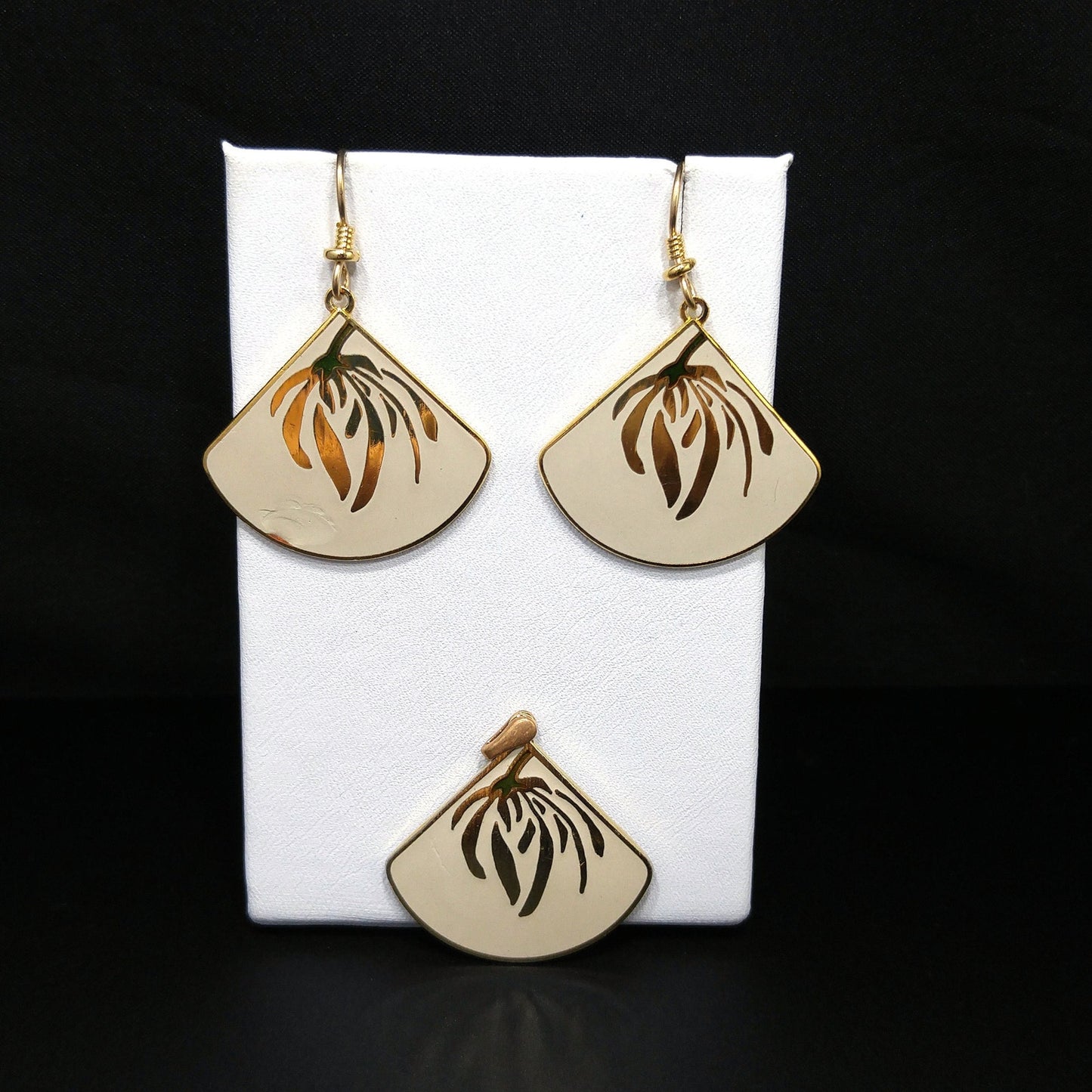 Laurel Burch Willow Earrings & Pendant, Creamy White Enamel, Gold Plated, 1980s Vintage Jewelry