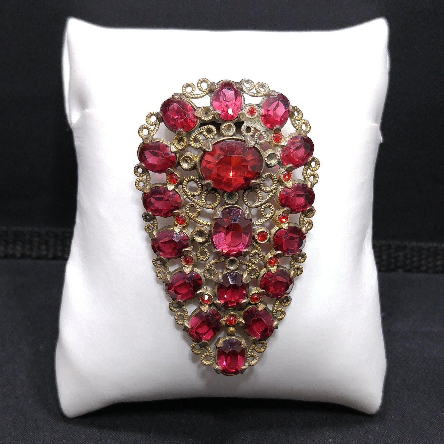 Antique Red Rhinestone Filigree Dress Clip, 1920s Vintage Jewelry