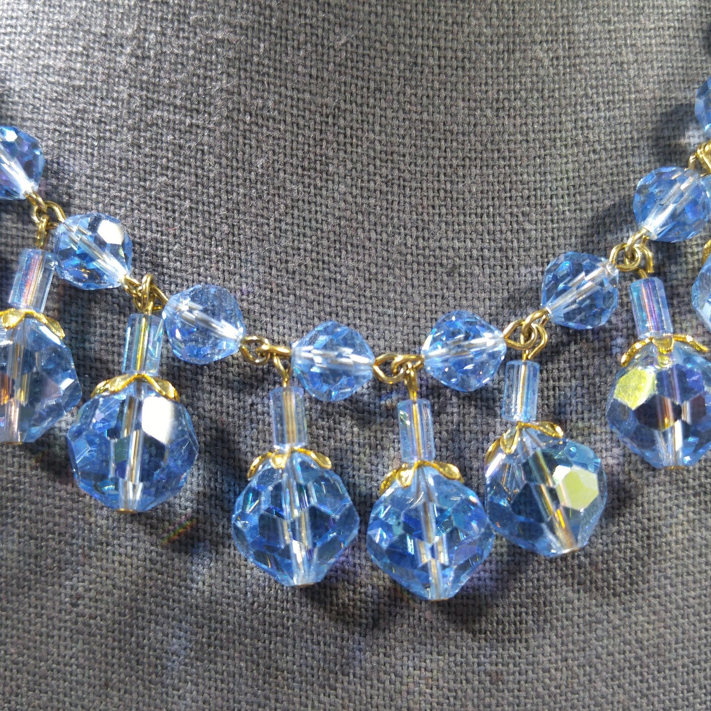 Blue Crystal Dangling Necklace, Light Blue Faceted Beads, 1960s Vintage Jewelry