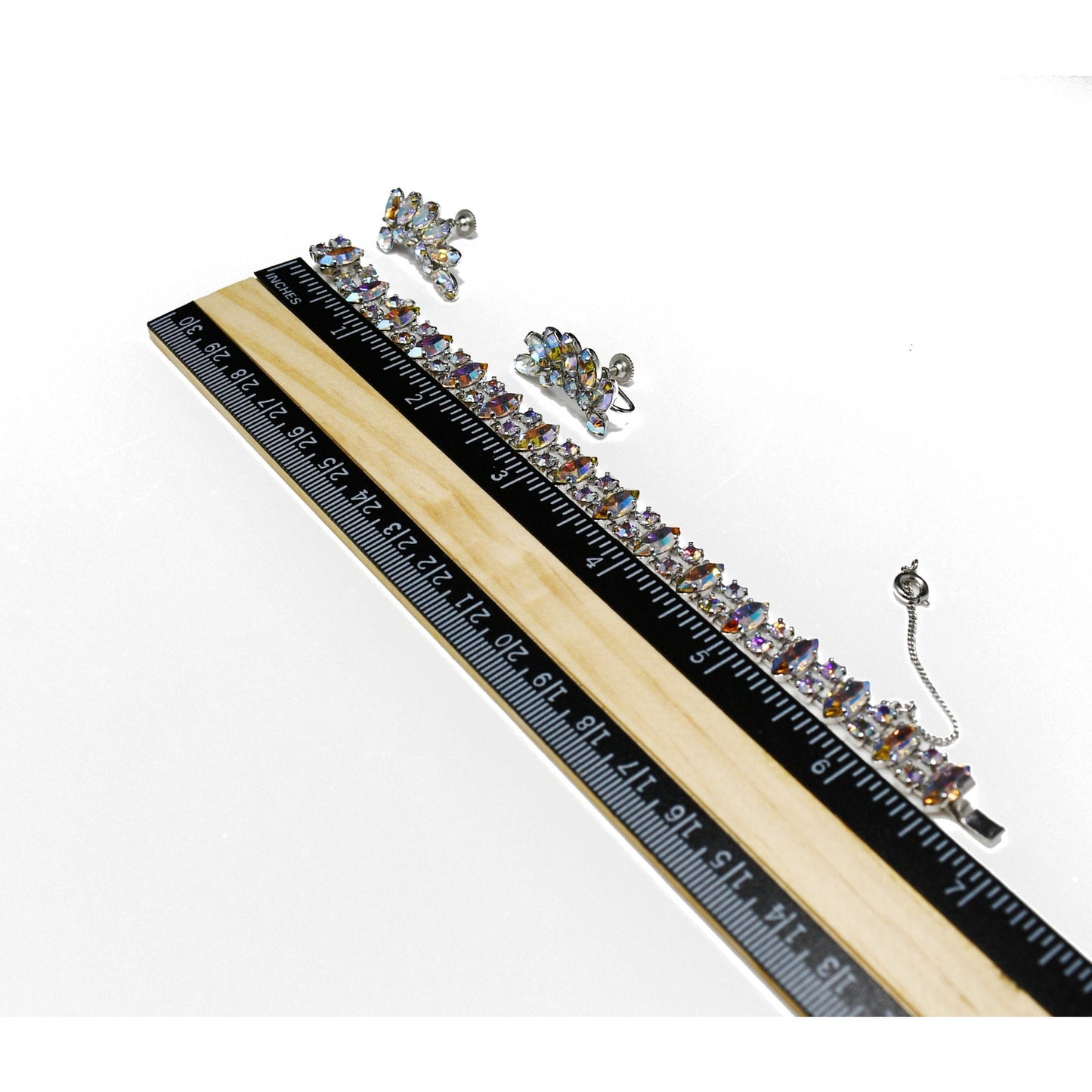 B. David Rhinestone Bracelet & Earrings Set, AB Crystals, Screw Back Earrings, 1950s