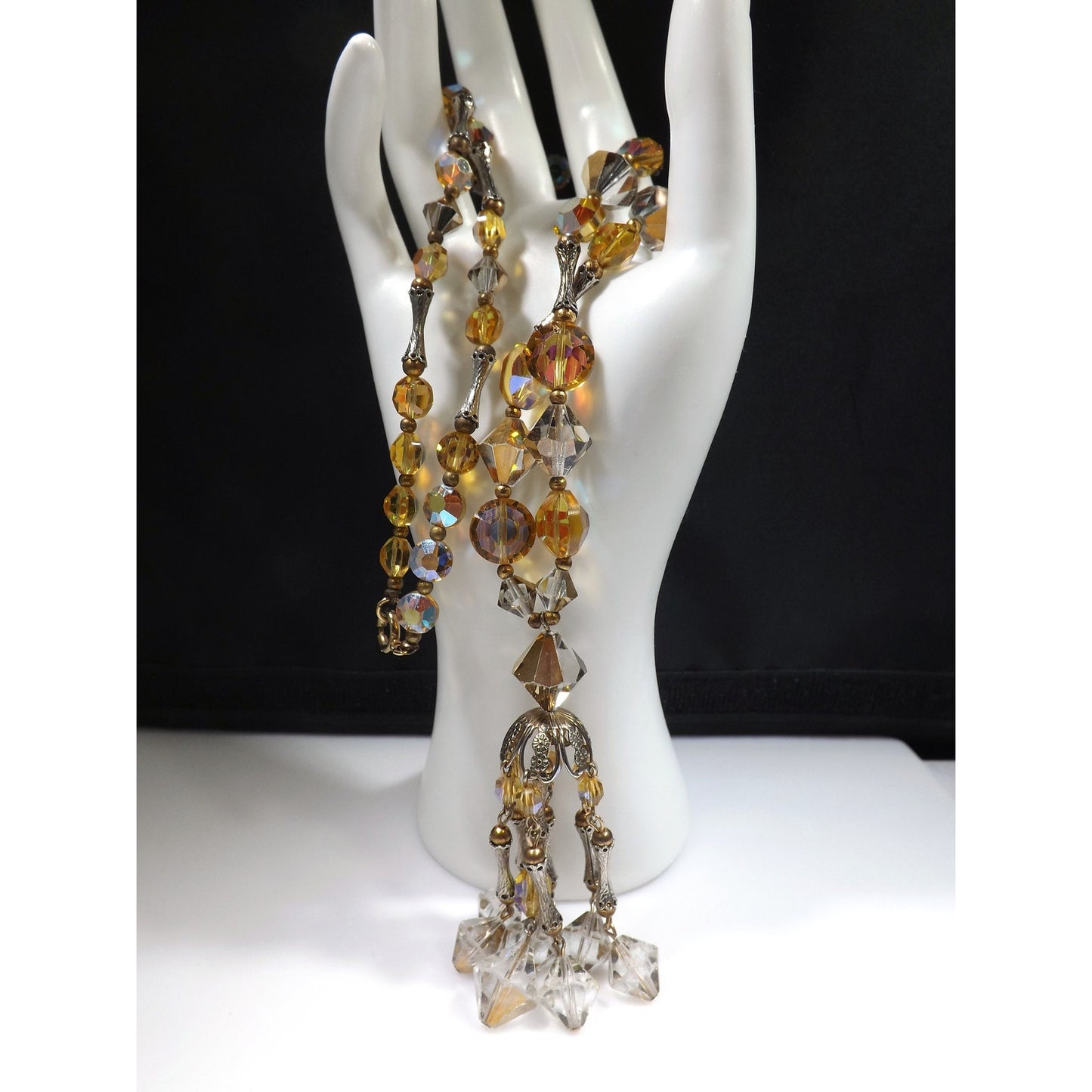 Topaz Crystal Aurora Borealis Gold Filigree Tassel Necklace Earrings, Swarovski Vintage Crystals, 1970s Vintage Jewelry