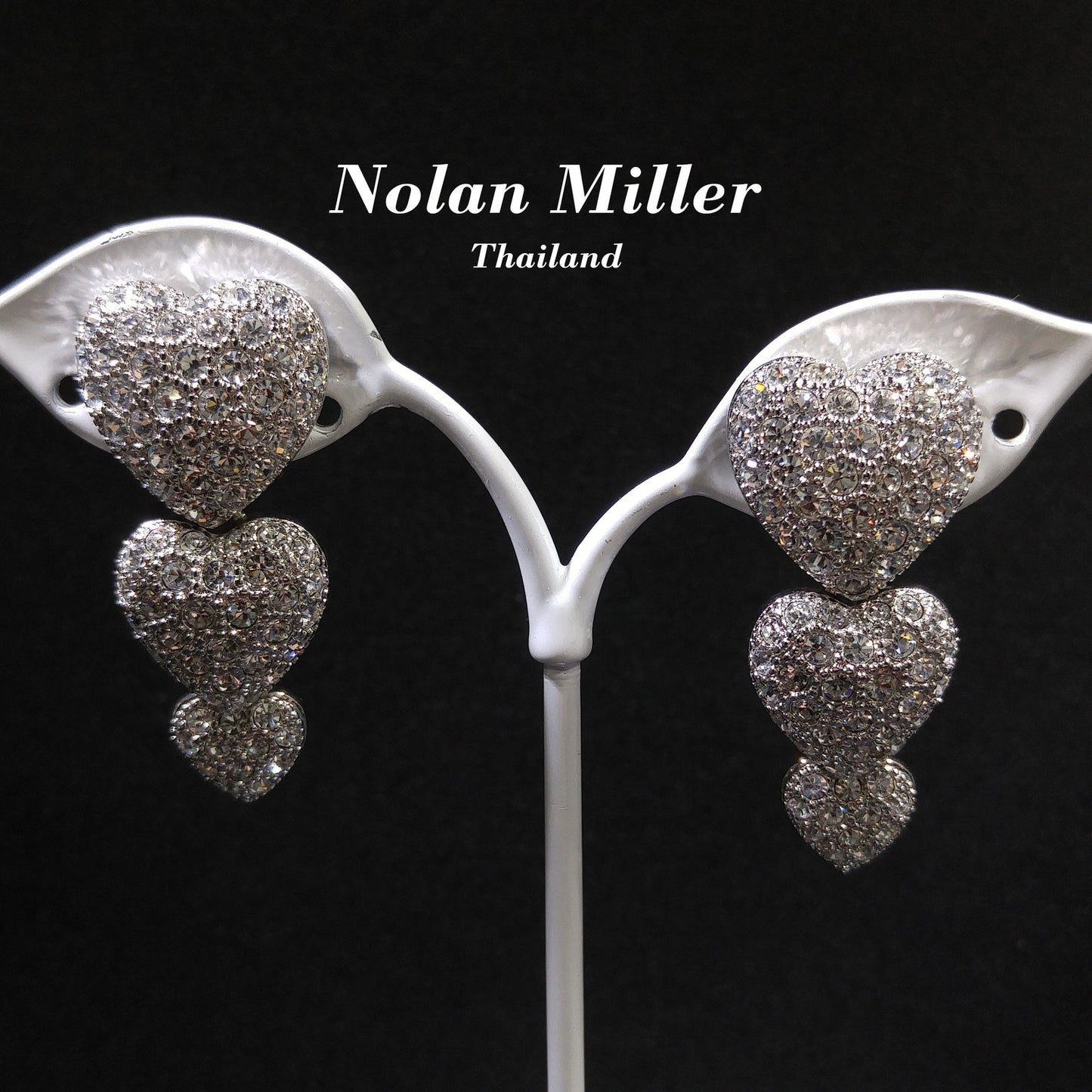 Nolan Miller Rhinestone Heart Drop Earrings, Glamour Collection, Vintage 1990s Clip-On Jewelry