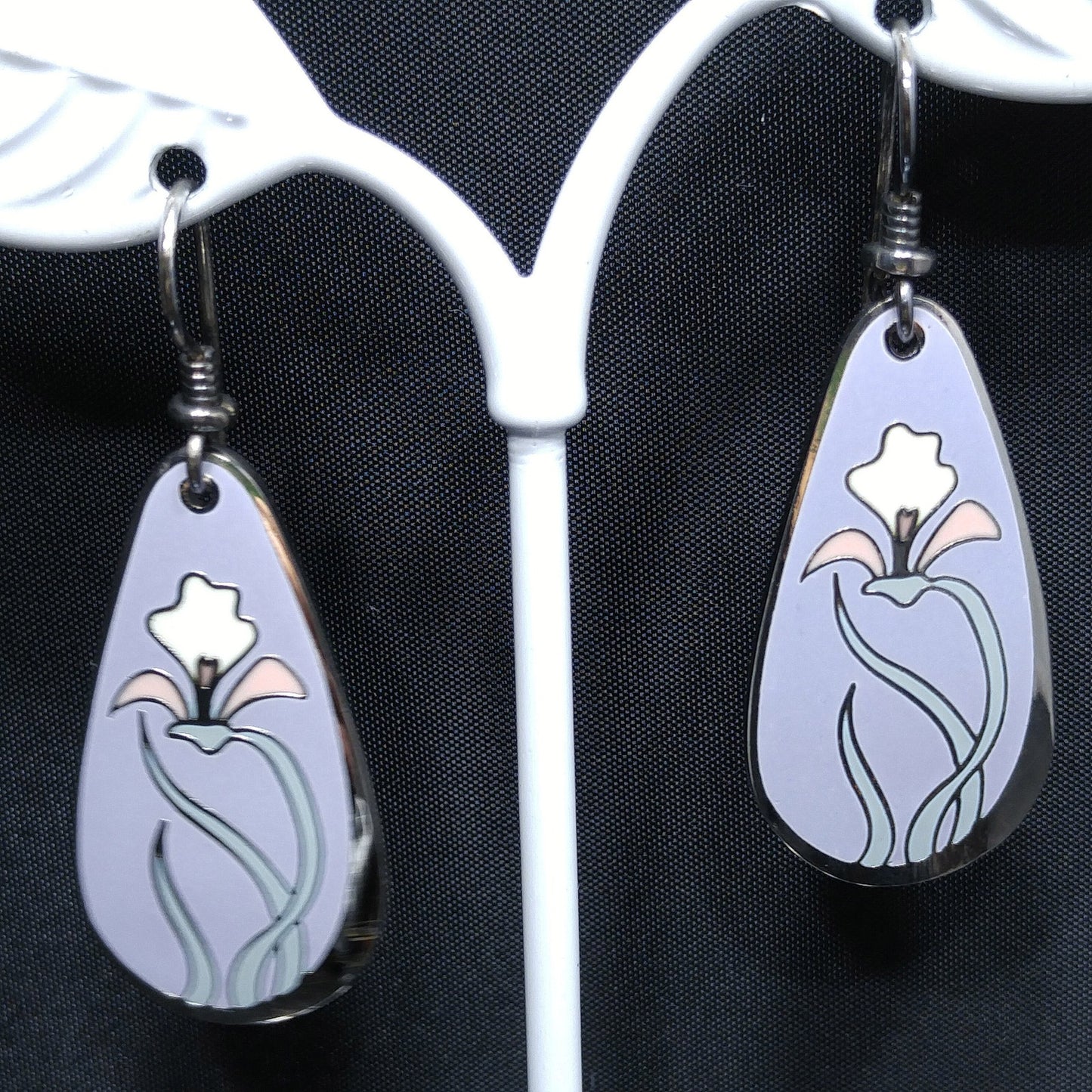 Laurel Burch "Wild Iris" Cloisonne Earrings, Enamel in Lavender White & Pink