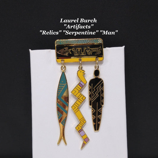 Laurel Burch "Artifacts" Brooch, Fish Snake Man, Gold Plated, 1980s Vintage