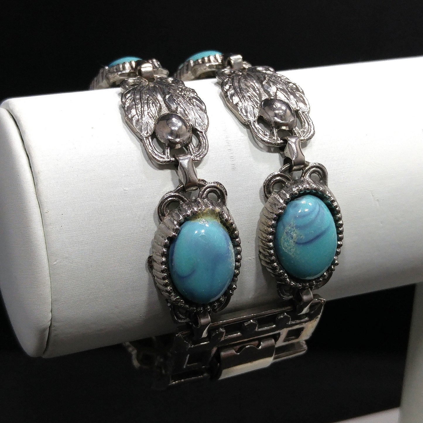 Lucite Faux Turquoise Double Strand Bracelet, Silver Leaves, 1950s Vintage Jewelry