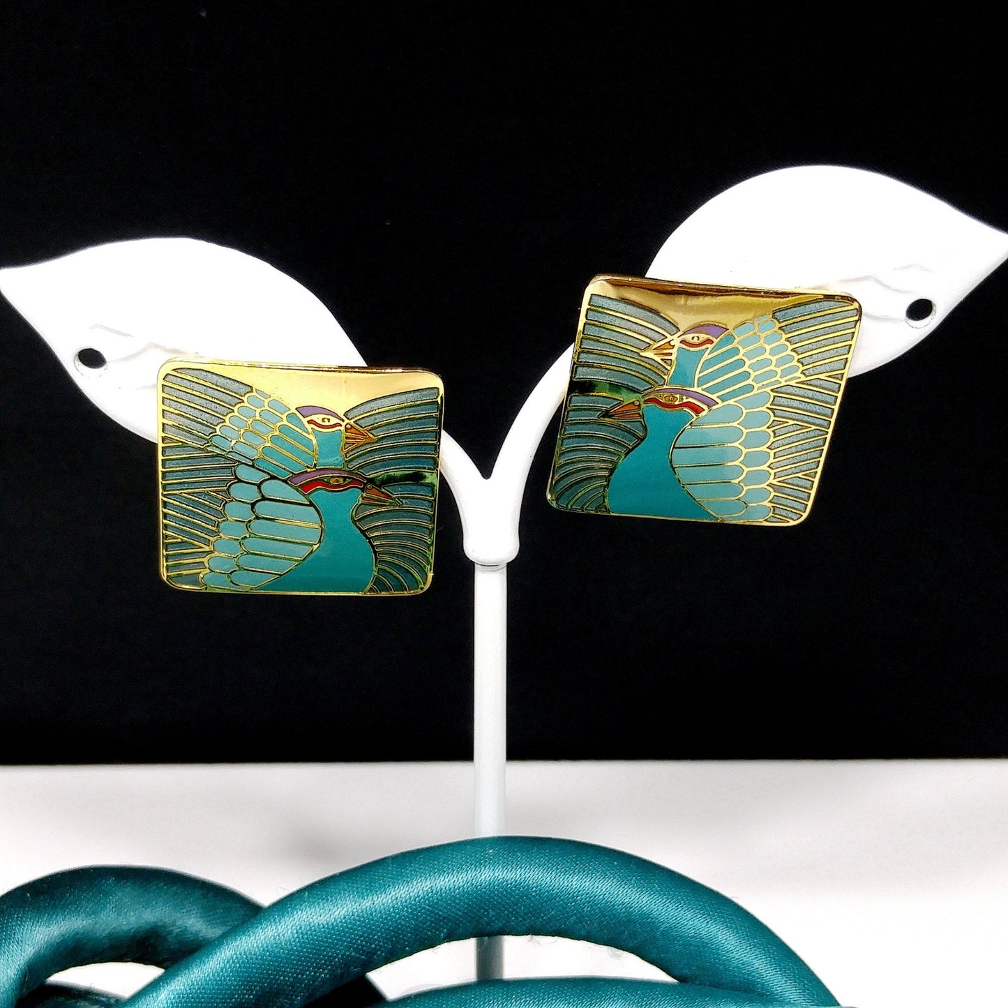 Laurel Burch "Moon Doves" Pendant Necklace & Earrings, Gold Plated, Cloisonné Enamel, 1980s Vintage Jewelry