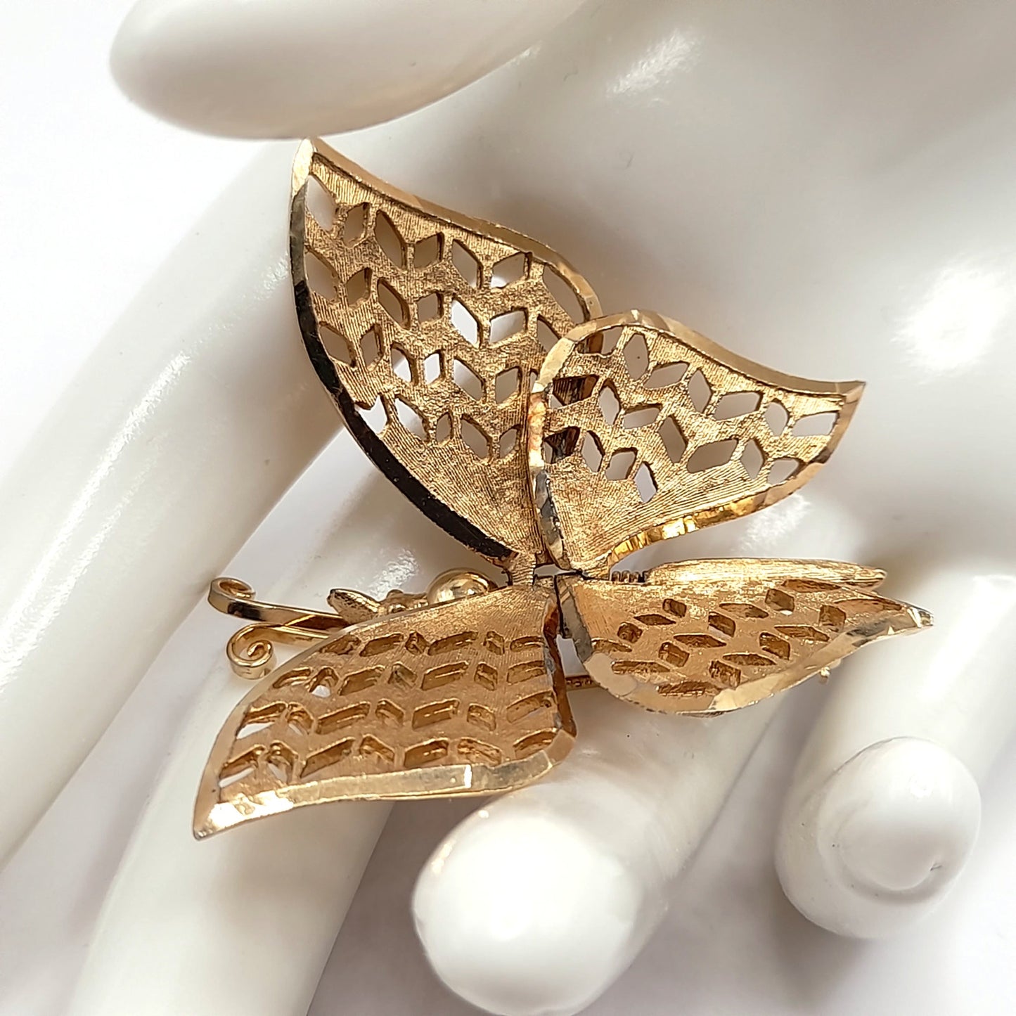Vintage Gold Butterfly Brooch, Articulated Wings, Filigree Mid-Century Jewelry