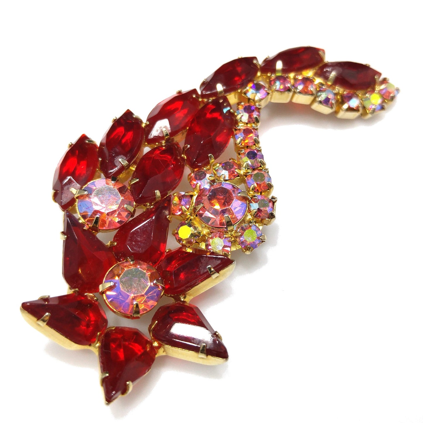 Red Rhinestone Floral Brooch, Juliana Style, 1960s Vintage Jewelry