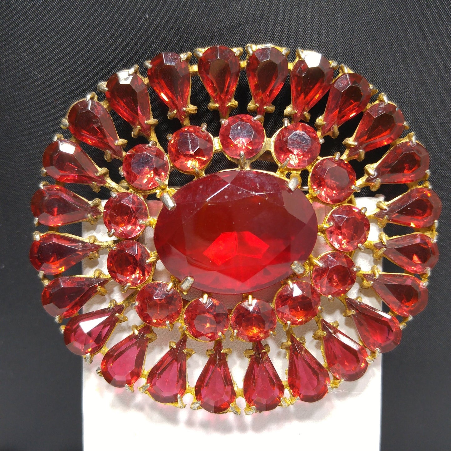 Large Red Rhinestone Sash Pin Brooch, Faceted Red Glass Stone Center, 1940s Vintage Jewelry
