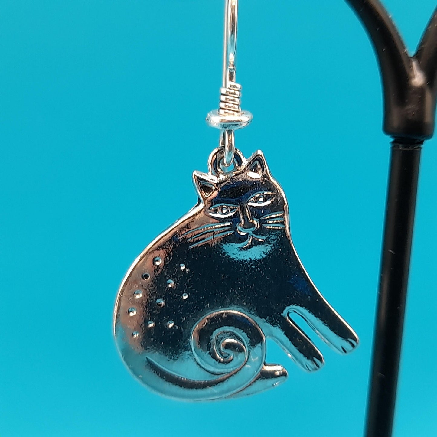 Vintage Laurel Burch Keshire Cat Earrings, Rhodium Plated