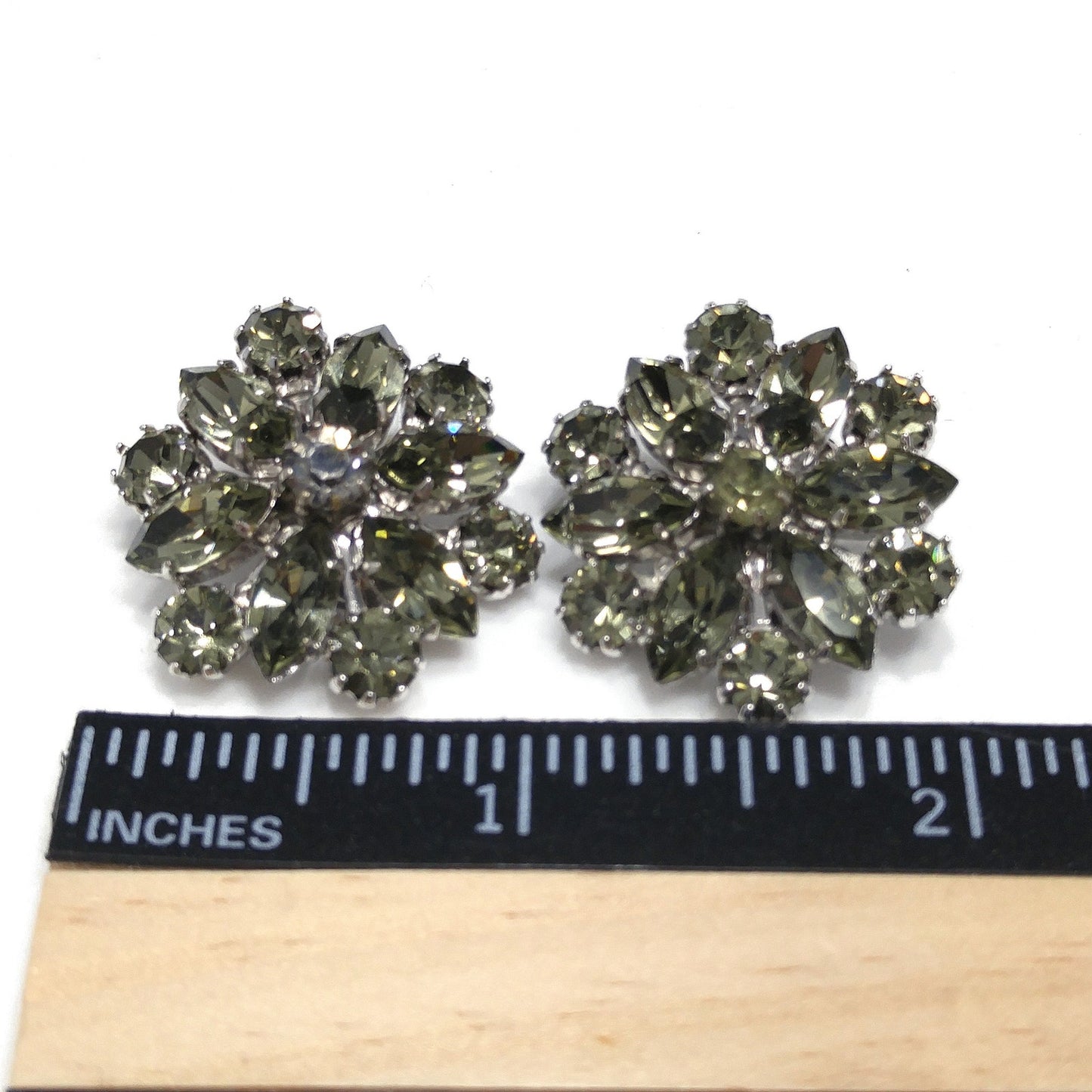 Weiss Dark Green Rhinestone Earrings, Silver Tone, Gold Plated, 1960 Vintage Jewelry