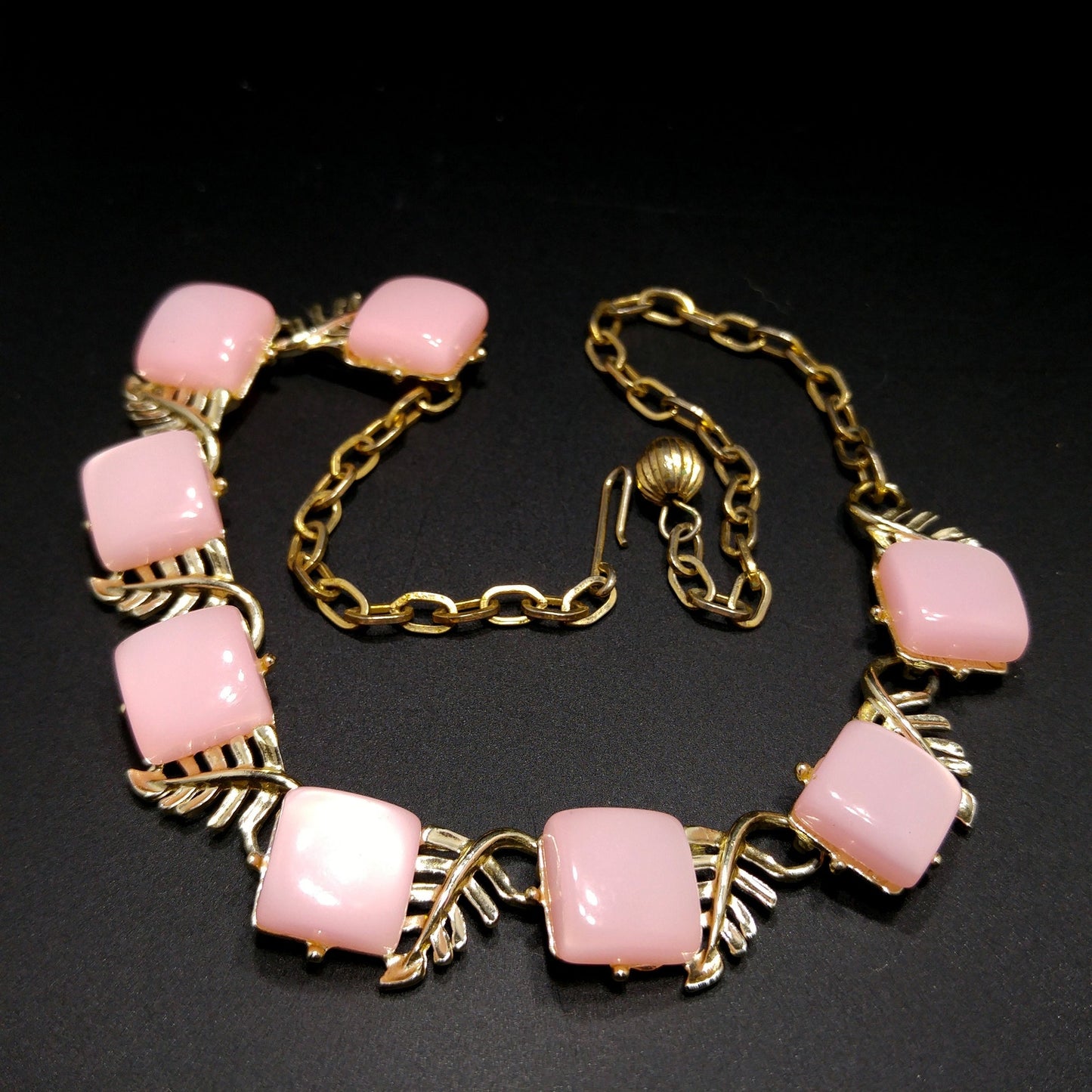 Mid-Century Pink Moonglow Choker Necklace, Lucite Squares, 1950s Vintage Jewelry
