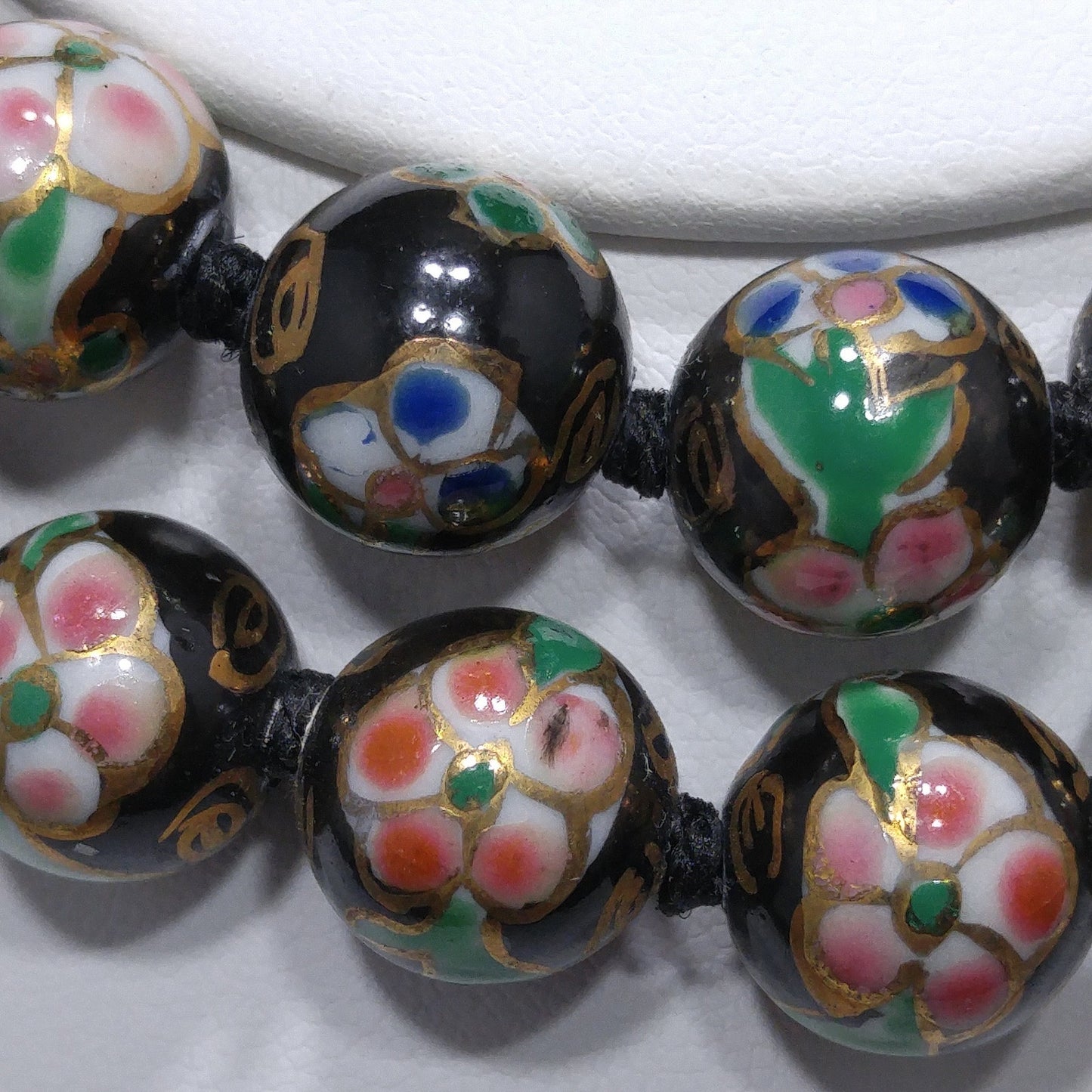 Vintage Black Cloisonné Floral Beaded Necklace, Pink Green Flowers, 1960s Vintage Jewelry