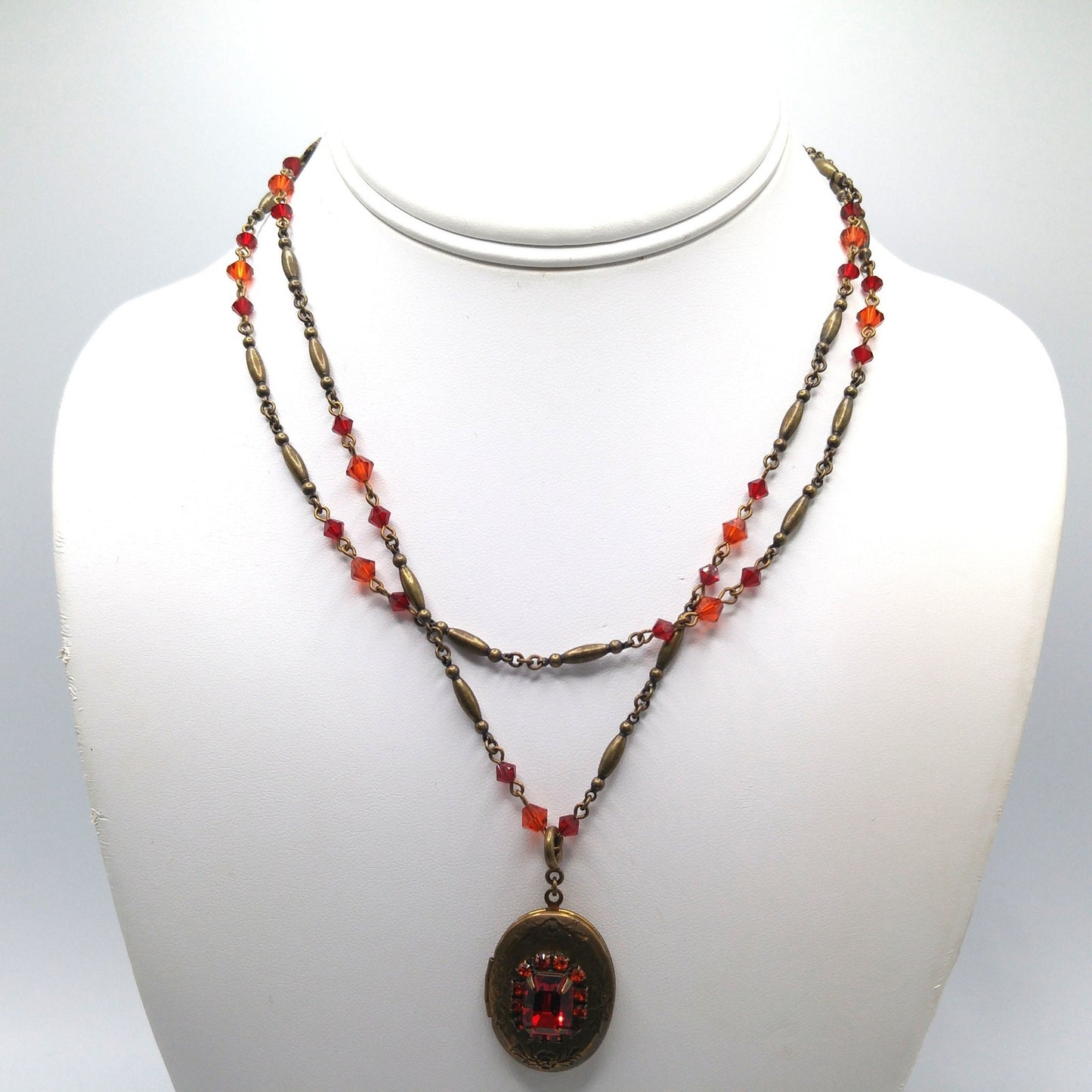 Vintage Liz Palacios SF Necklace – Red Pink Rhinestone Locket Pendant, 2 Strand