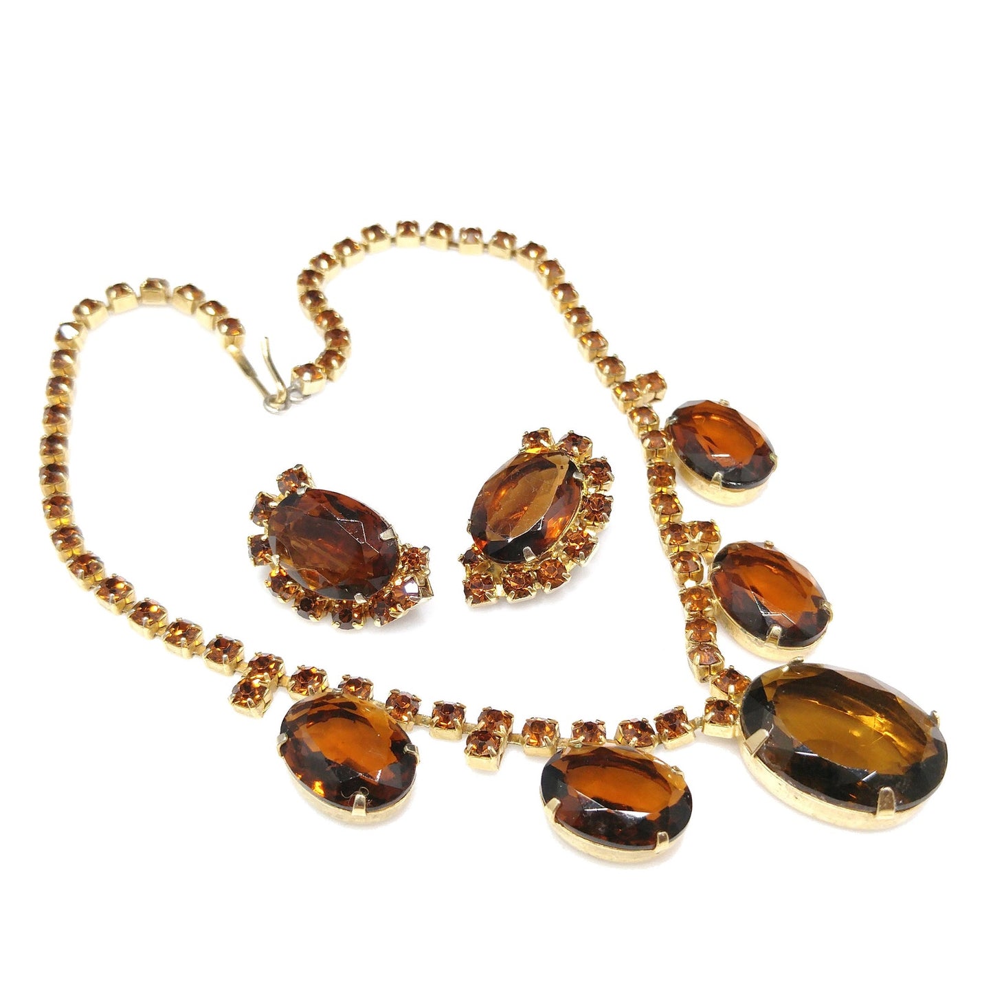 Vintage Topaz Rhinestone Necklace & Earrings, Large Faceted Rhinestones, 1960s Vintage Jewelry