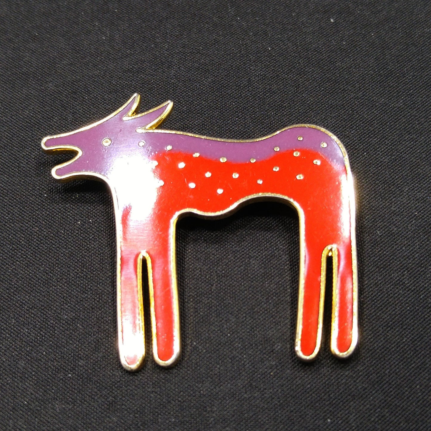 Laurel Burch "Wild Dog" Purple & Red Enamel Brooch, Cloisonne Gold Plated, 1980s