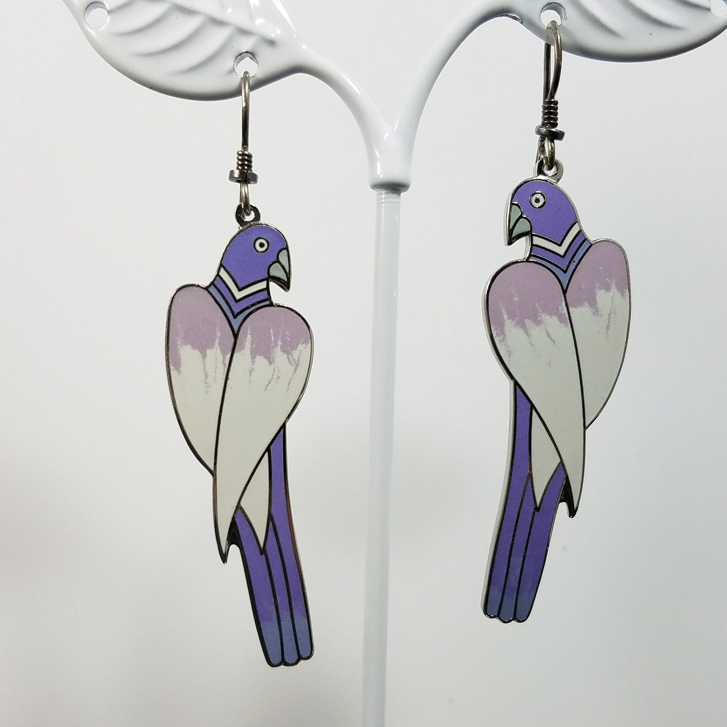 Laurel Burch "Cezanne" Parrot Earrings, Purple Lavender Cream Gray Enamel, Rhodium Plated Cloisonne Parrots, 1980s