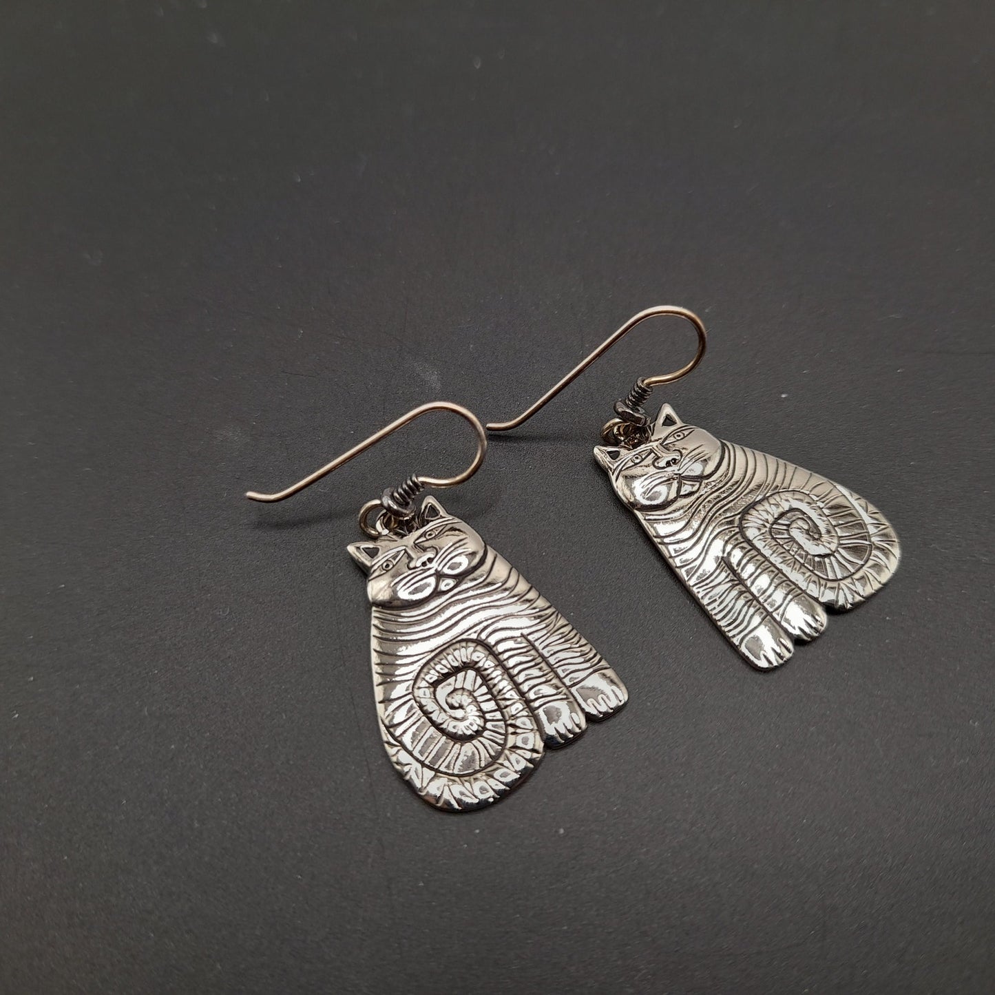Laurel Burch Shambala Cat Earrings, Rhodium Plated, 1980s Vintage Jewelry