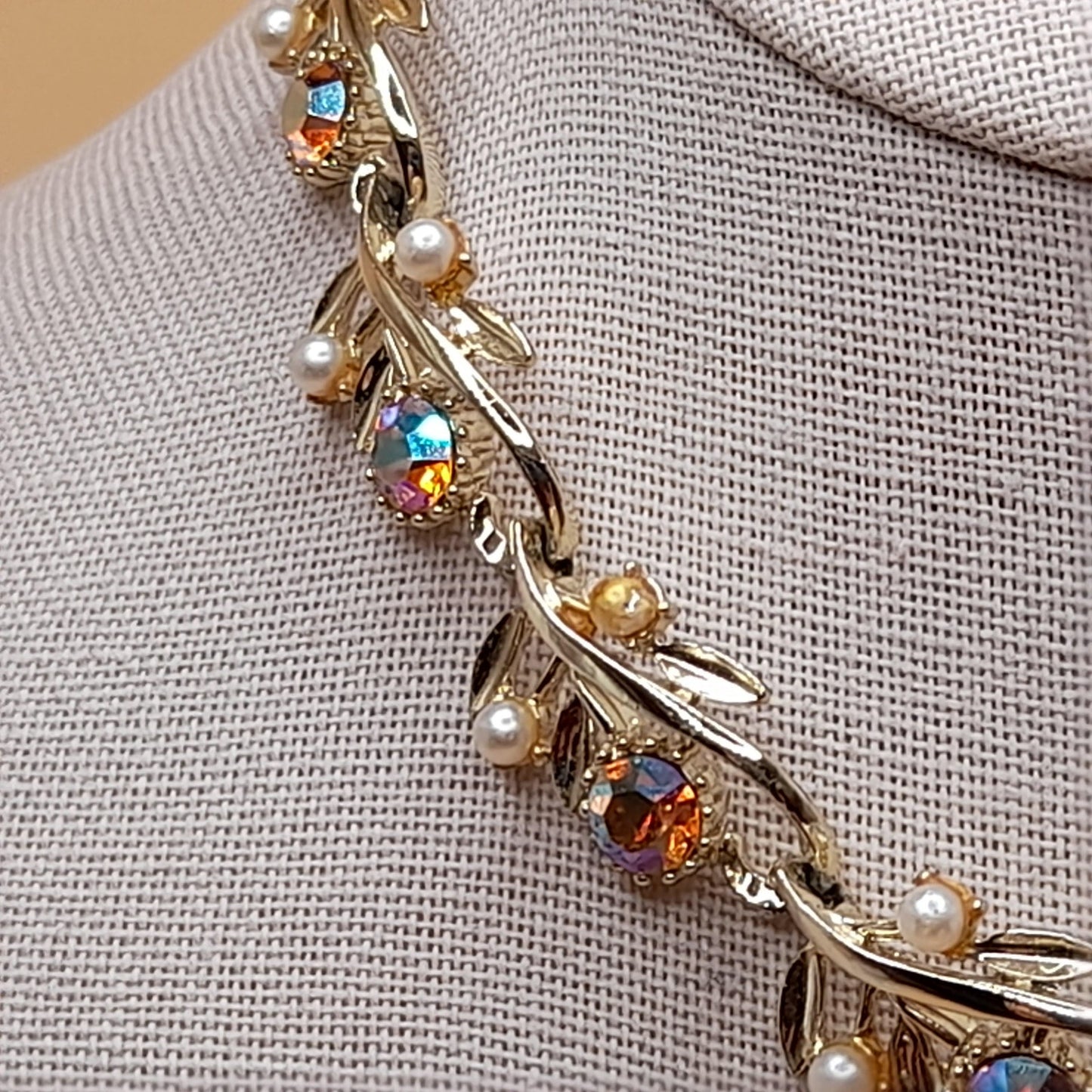 Vintage Light Topaz Rhinestone Choker Necklace, Faux Pearls, 1950s, 15 In