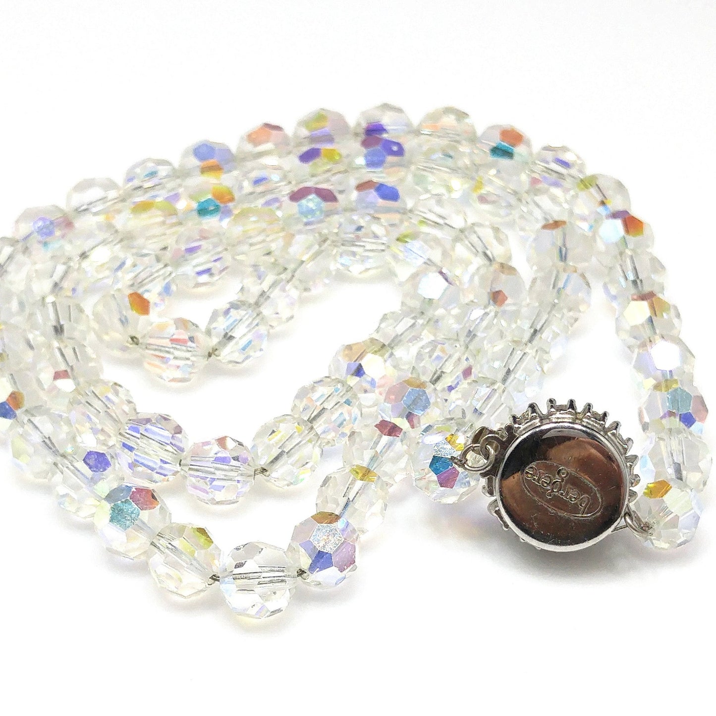 Bergere Aurora Borealis Crystal Long Necklace, Thread on Chain, Rhinestone Clasp, 1960s Vintage Jewelry