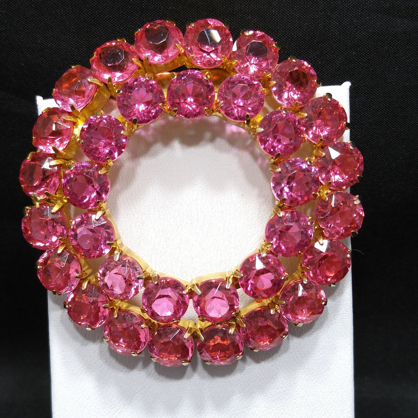 Pink Rhinestone Round Brooch, Gold Plated, Open Back Stones, 1960s Vintage Jewelry