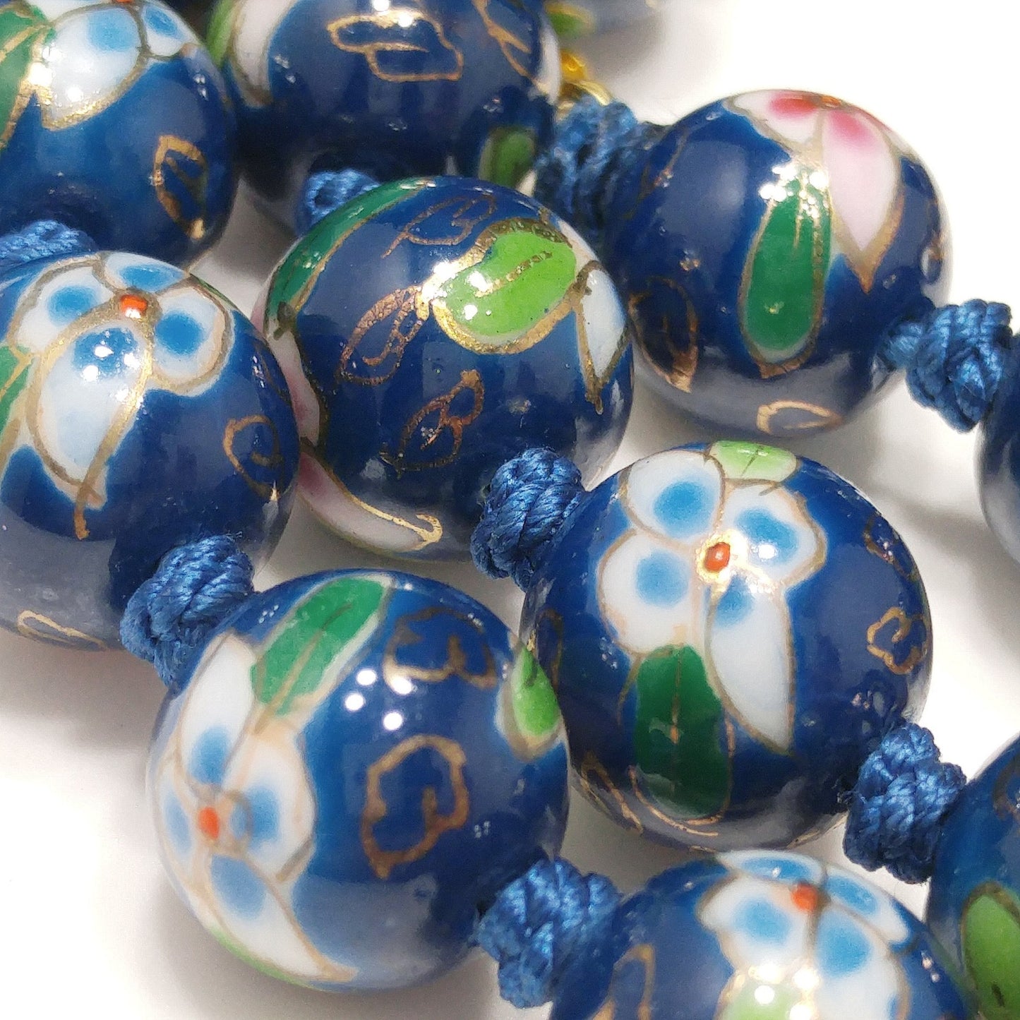 Vintage Chinese Hand Knotted Beaded Necklace, Blue Hand Painted Floral Beads, 1960s Vintage Jewelry