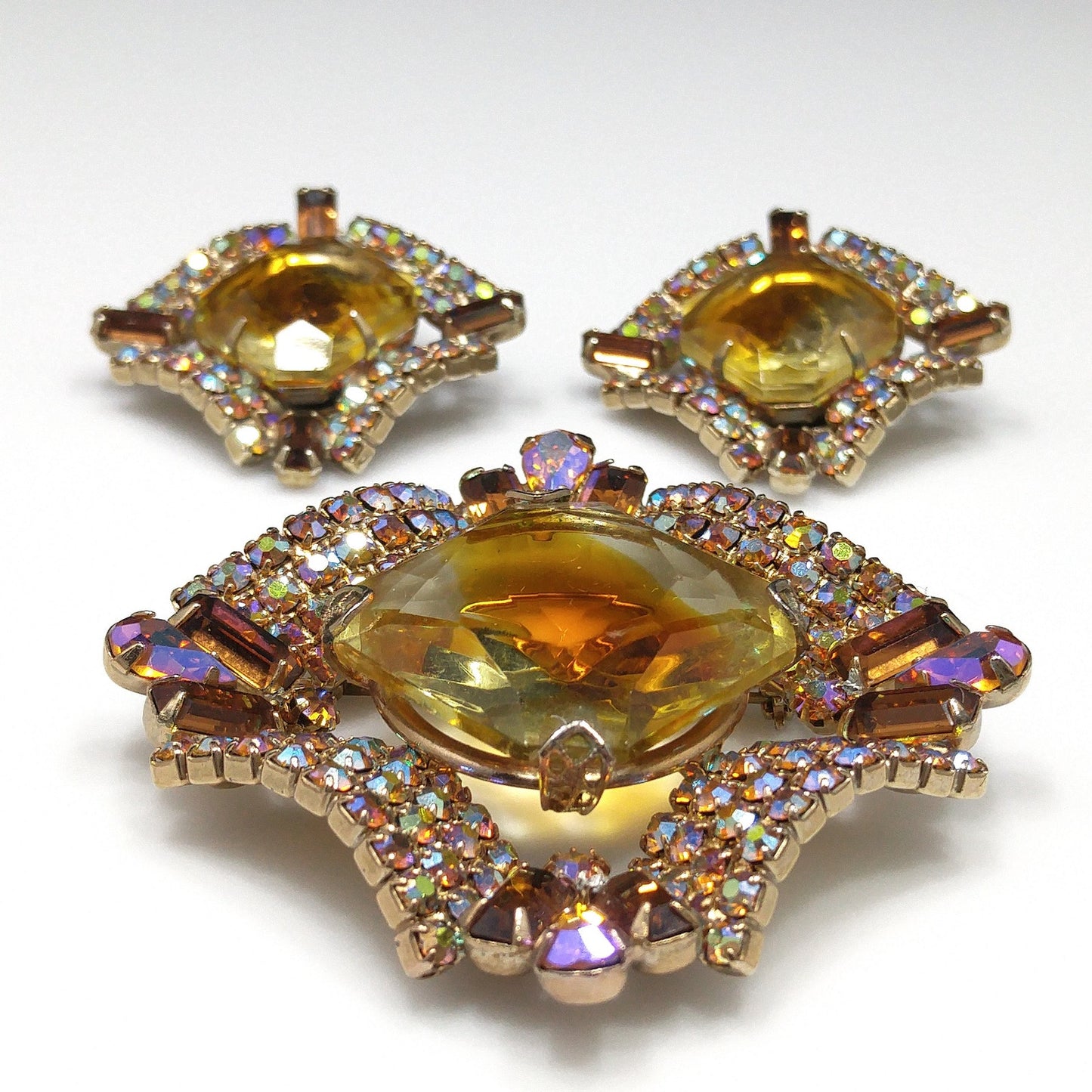 Mid-Century Modern Large Topaz Glass Brooch & Earrings, Gold Plated, 1960s Vintage Jewelry