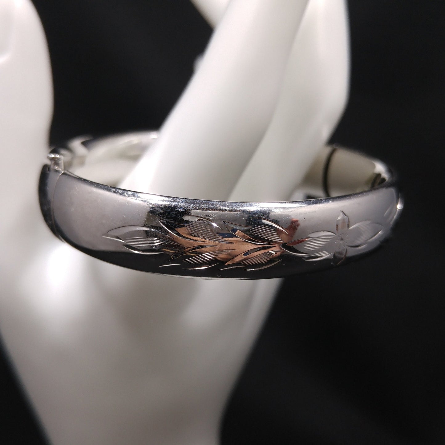 Sterling Silver H.F.B. Hinged Bracelet, Floral Design, 1940s Vintage Jewelry