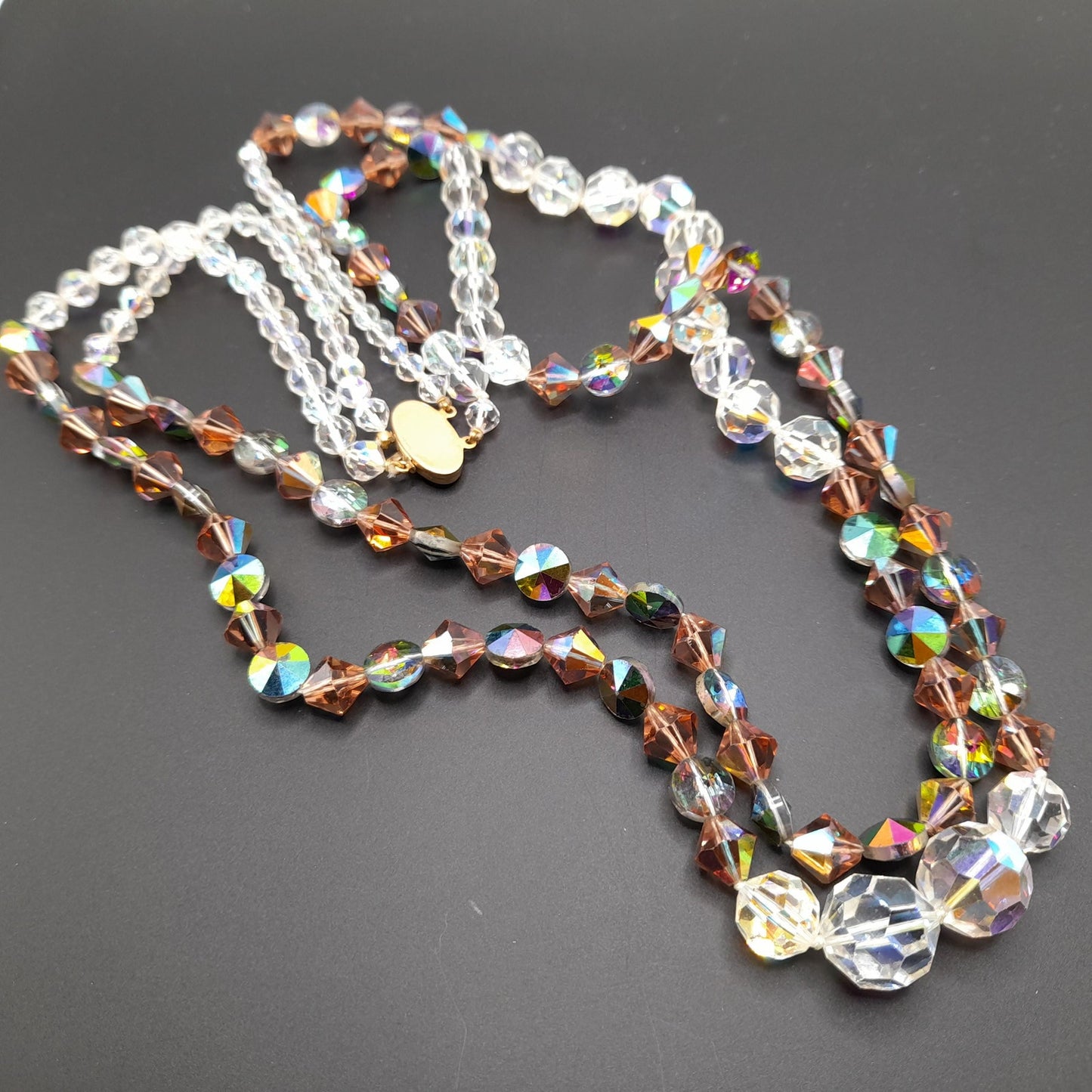 Vintage Crystal Bead Long Necklace, Asymmetrical Clear AB Topaz Crystals, 26"