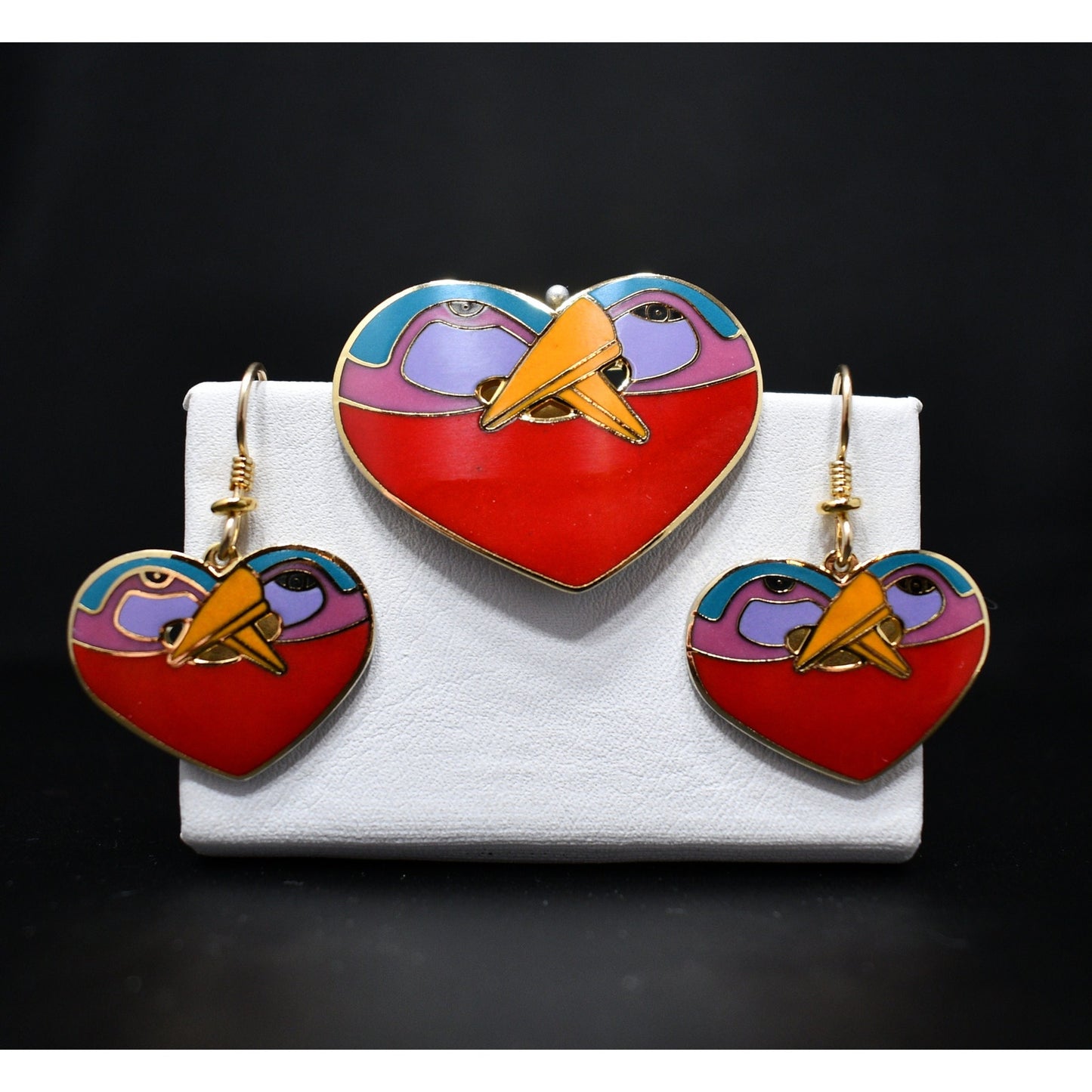 Laurel Burch "Bird Heart" Red Brooch & Earrings, Gold Plated Cloisonne Enamel, 1980s Vintage Jewelry
