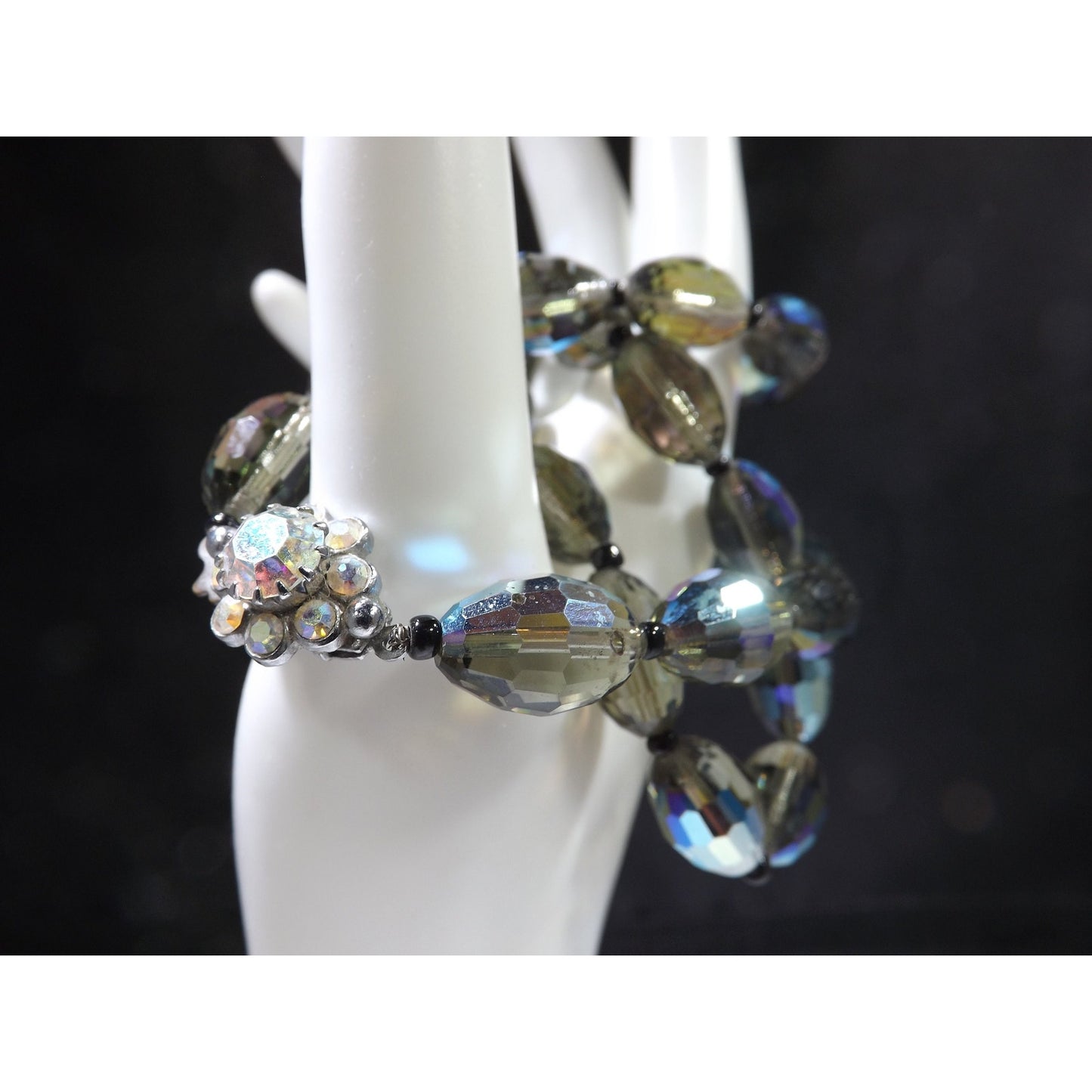 Vintage Chess Oval Aurora Borealis Crystal Beaded Necklace, Rhinestone Clasp, 1960s Vintage Jewelry