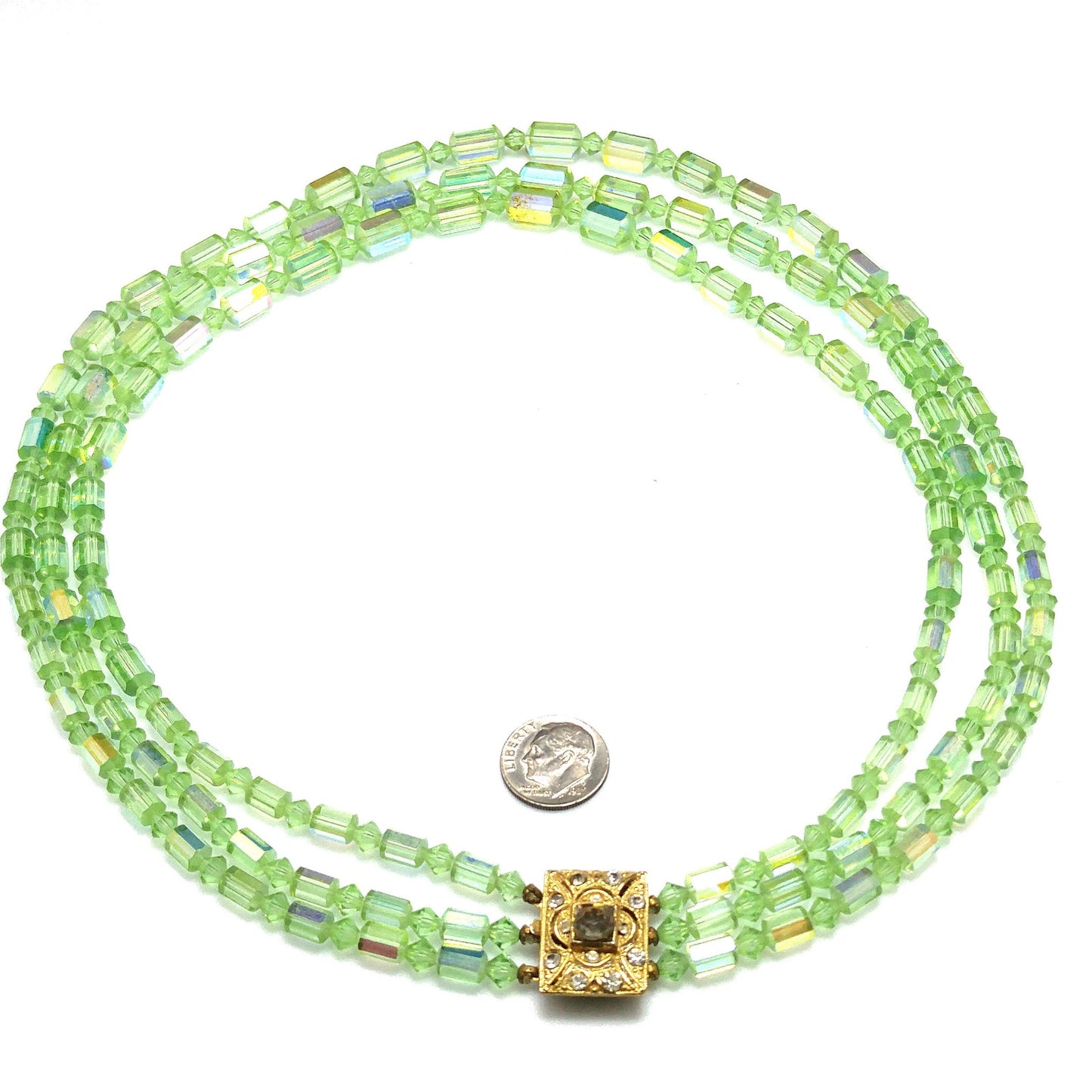 Green AB Barrel Crystal Necklace & Earrings, Austrian Crystal Beads, 1960s Vintage Jewelry