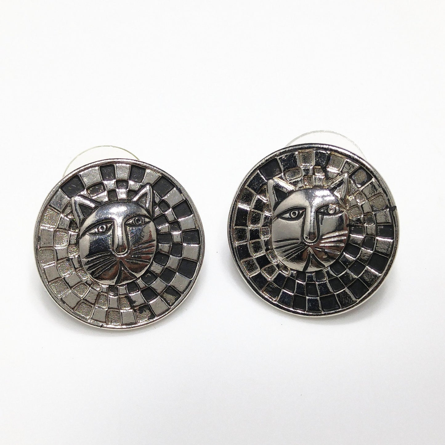 Laurel Burch Cat Face Post Earrings, Checkerboard Background, Rhodium Plate