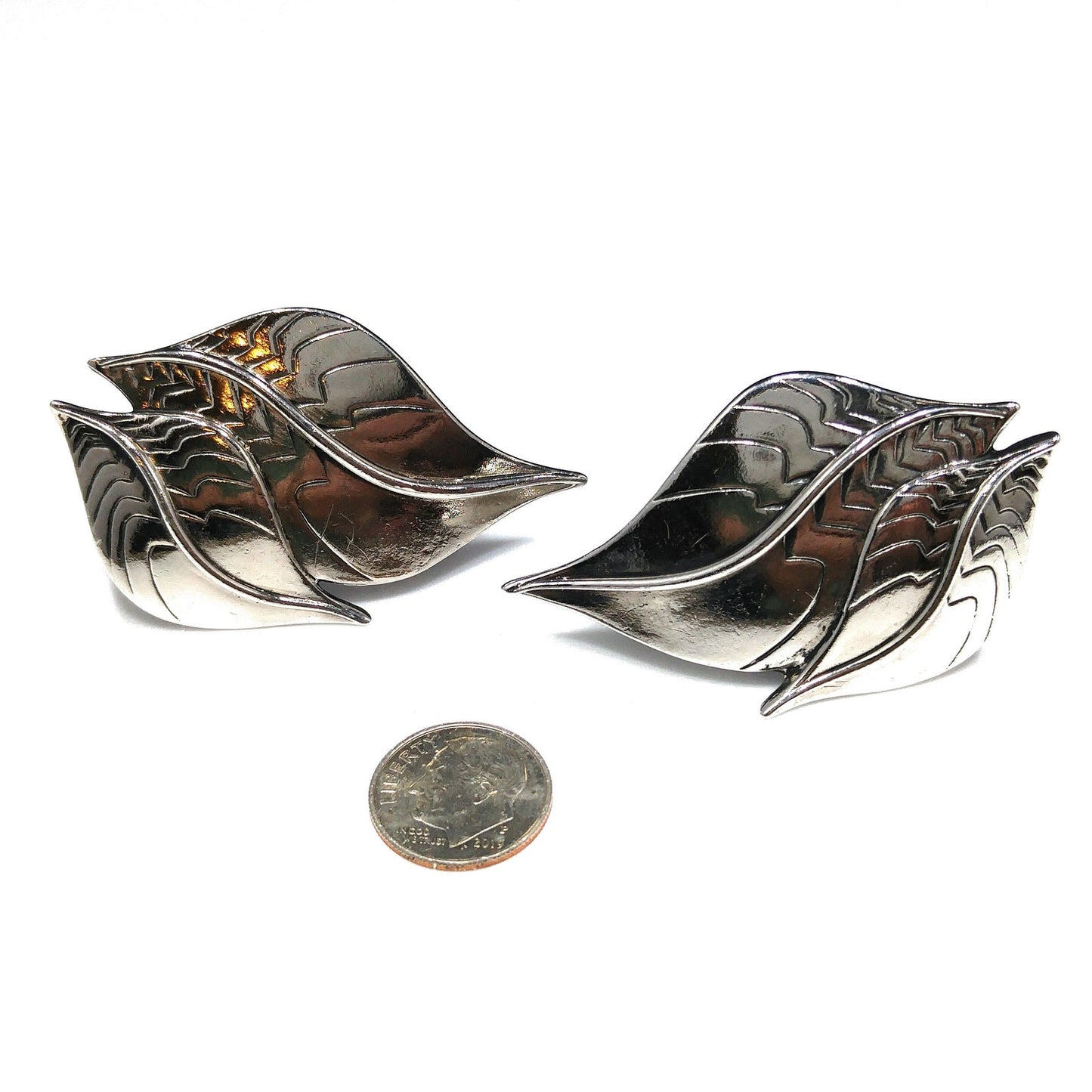 Laurel Burch Two Leaves Clip Earrings, Rhodium Plated, 1980s Vintage Jewelry