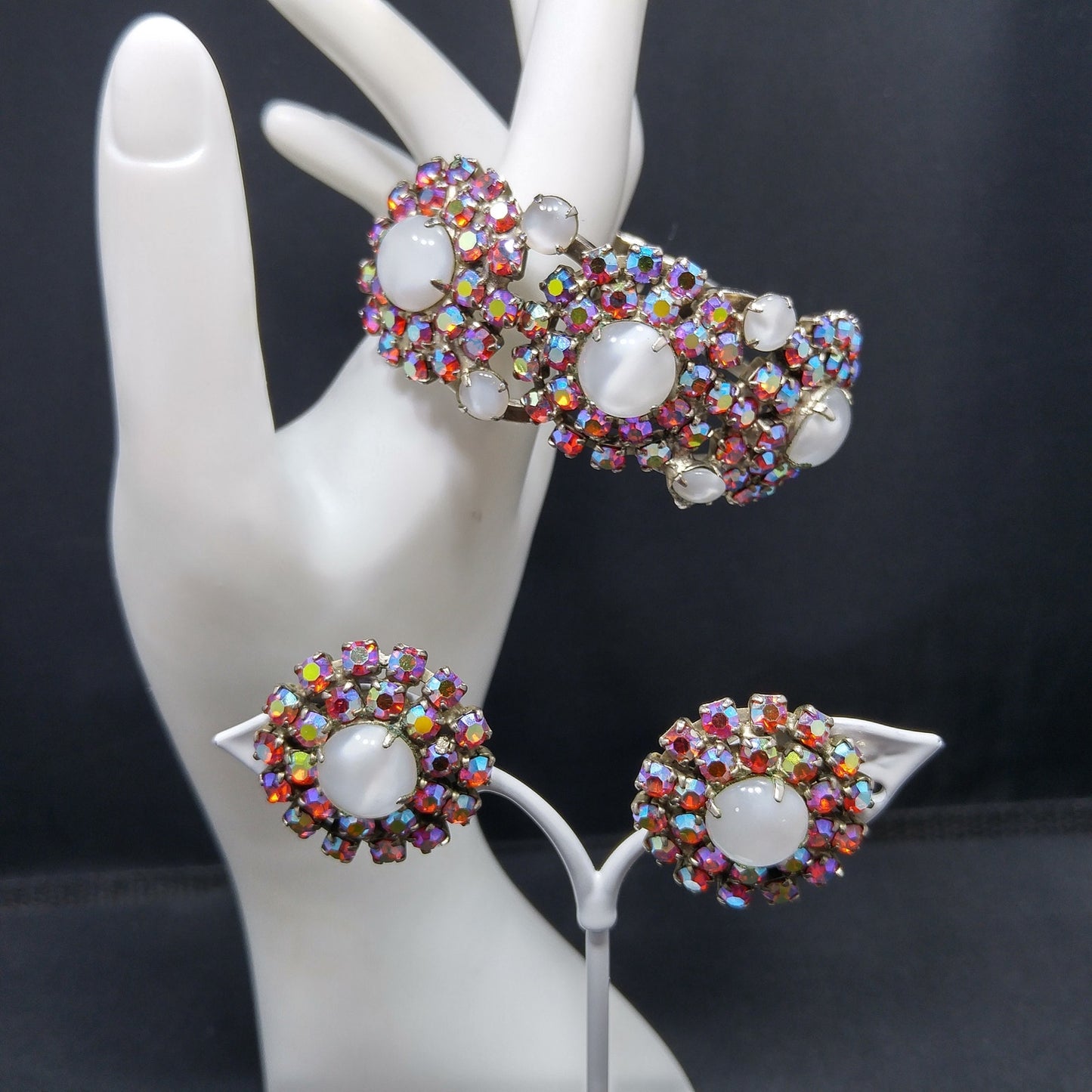 Vintage Juliana Clamper Bracelet & Earrings, DeLizza Elster, Red AB Rhinestones
