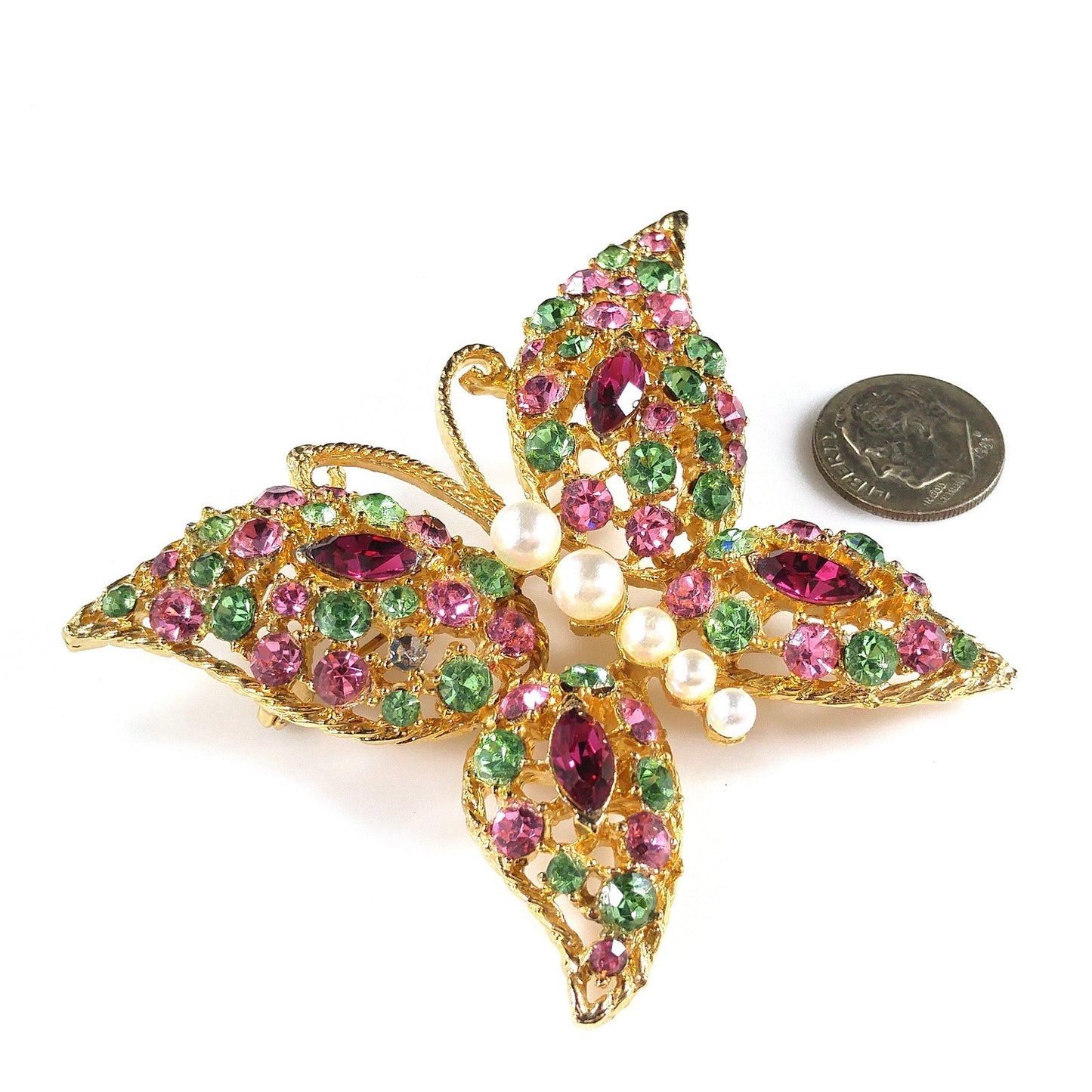 Vintage Pastel Rhinestone Butterfly Brooch, Faux Pearl Body, Uranium Glass, Vintage Jewelry