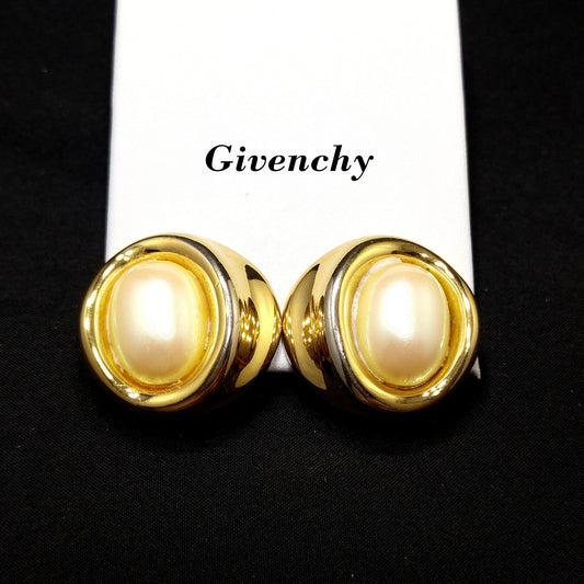 Vintage Givenchy Clip-On Earrings – Opalescent Faux Pearls, Gold Plated, 1980s
