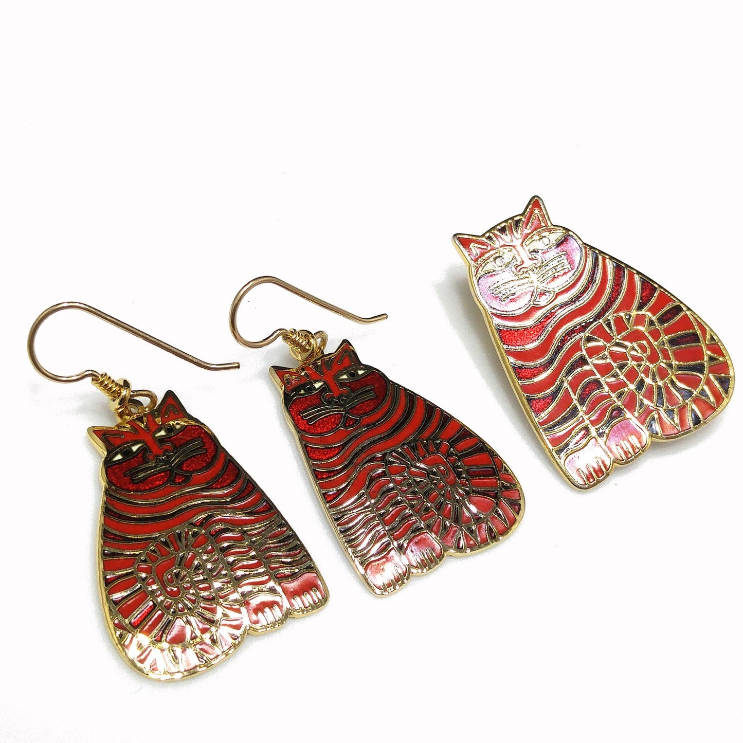 Laurel Burch "Shambala" Red Cat Brooch & Earrings, Gold Plated Cloisonné Enamel, 1980s Vintage Jewelry