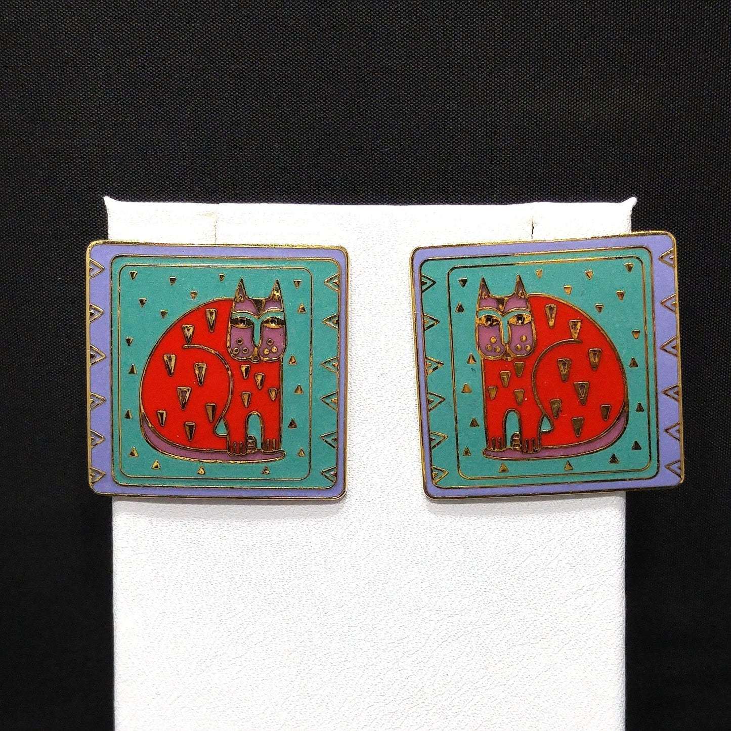 Laurel Burch "Fantastic Feline" Large Cat Post Earrings, Gold Plated, 1980s Vintage Jewelry