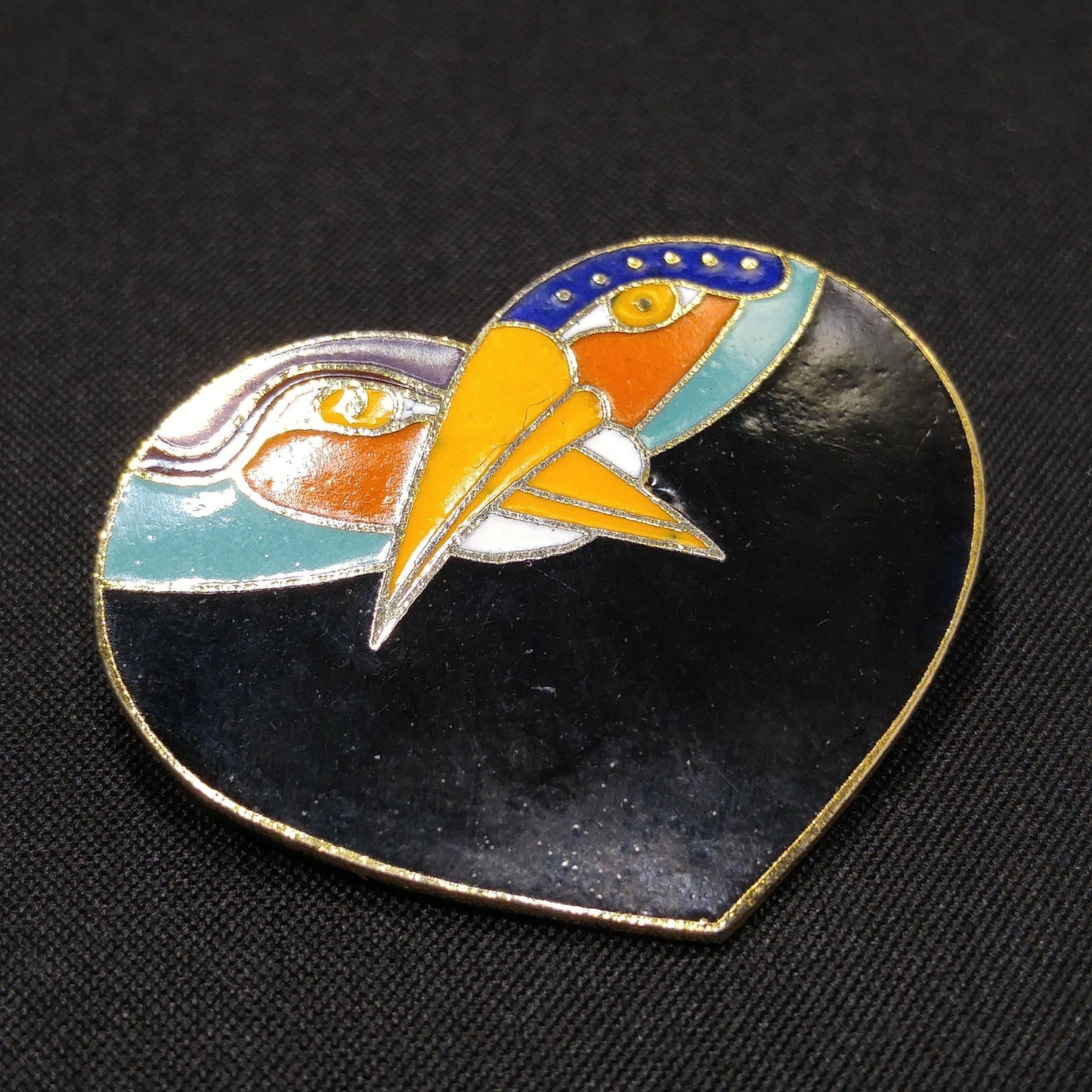 Laurel Burch Two Bird Heart Brooch, Gold Plated Cloisonne, 1980s Vintage Jewelry
