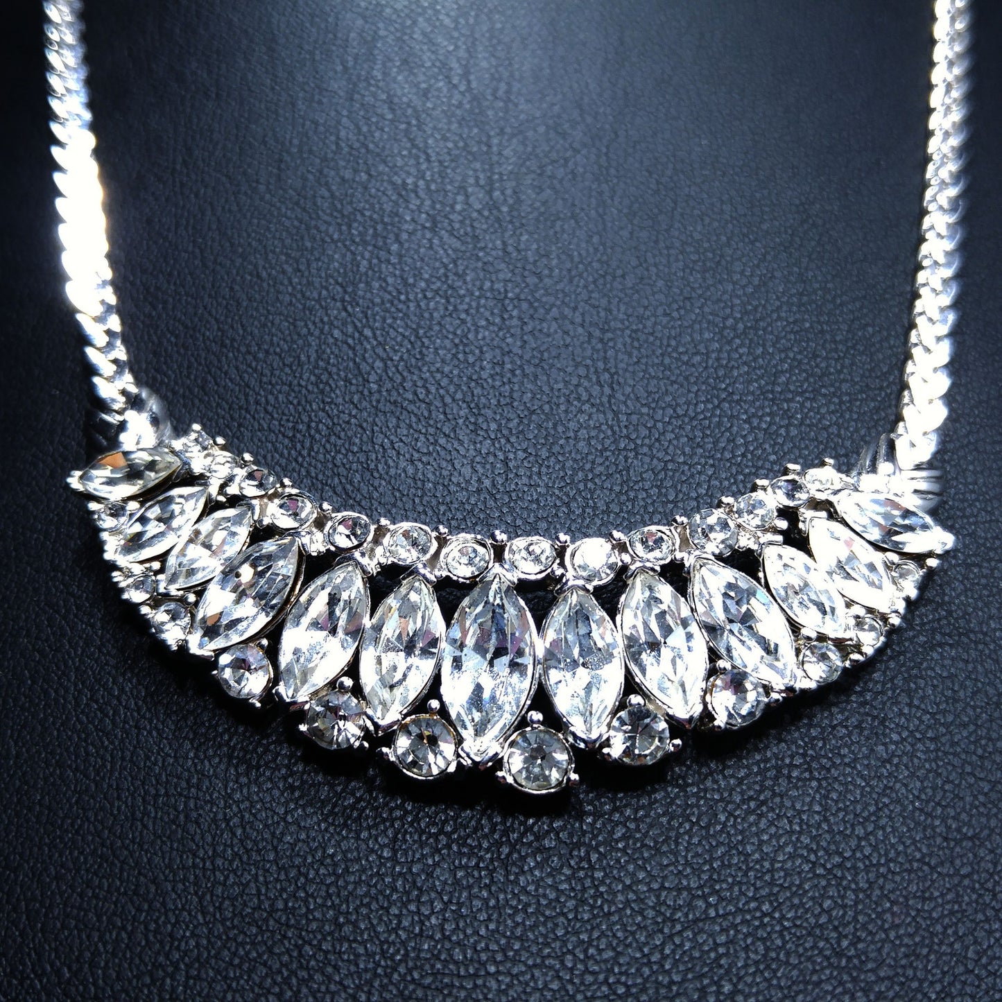 Trifari TM Clear Rhinestone Frontal Necklace, Silver Tone, 1980s Vintage Jewelry