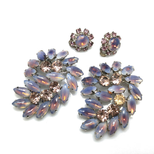 Twin Faux Opal Rhinestone Brooches & Earrings, Rhodium Plated, 1960s Vintage Jewelry
